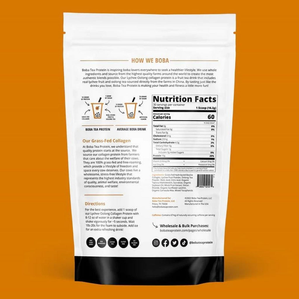 Boba Tea Protein Lychee Oolong Collagen | 30 Servings | Grass-Fed Hydrolyzed Bovine Collagen Powder
