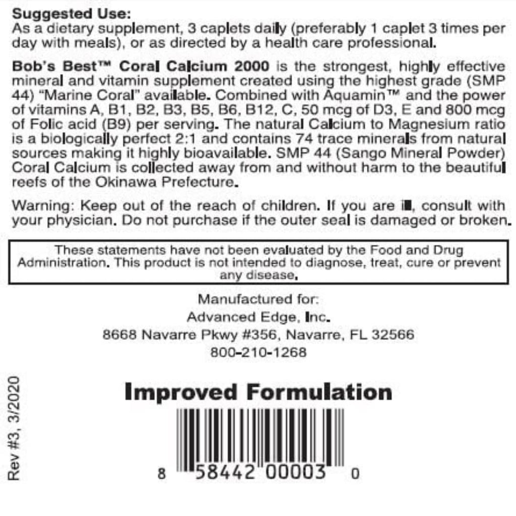 Bob Barefoot’s Bob’s Best Coral Calcium 2000 mg – Authentic Coral Calcium Formula, 3 Pack (90 Caplets)