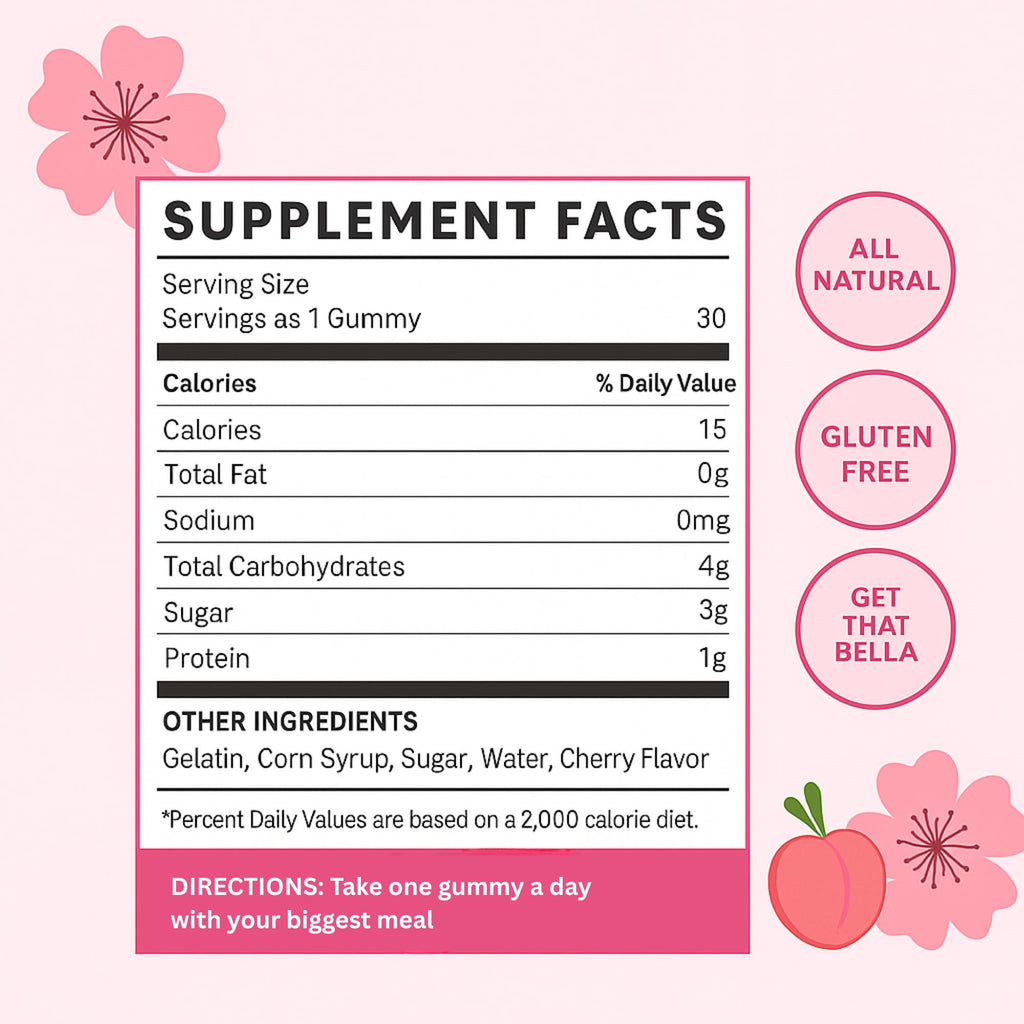Bodied by Bella Butt Gummies – Natural Booty Gummies, Plant-Based Butt Enhancer (30 Ct) Peach Shake
