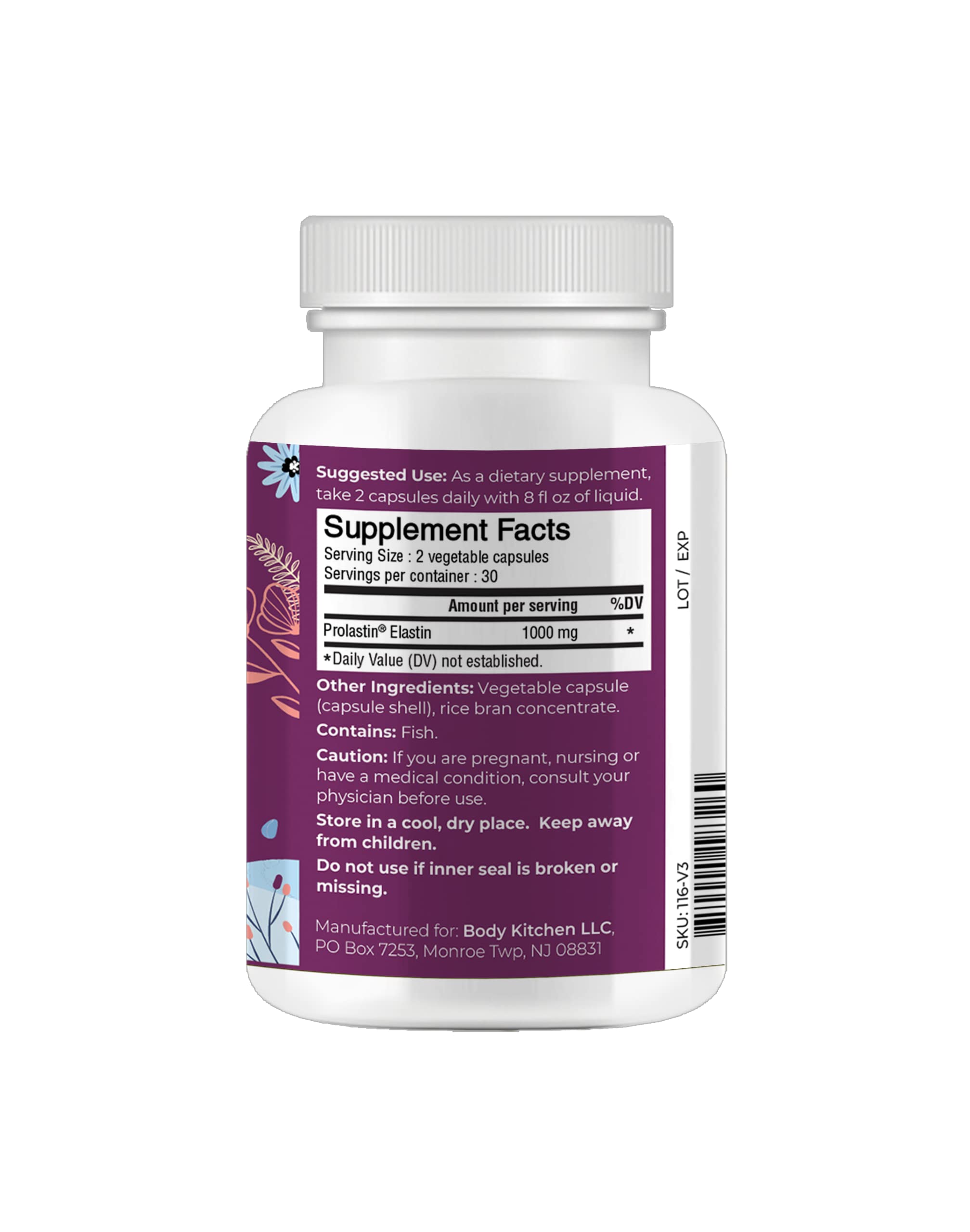 Body Kitchen Pro-Elastin 1000 mg Elastin Supplement – 3-Pack for Skin Elasticity and Firmness