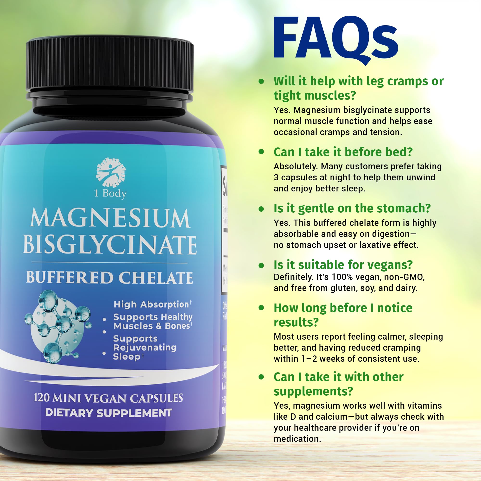 1 Body Magnesium Bisglycinate Supplement, 44 mg Pure Chelated Formula, 120 Capsules, Maximum Absorption, Muscle Cramp Relief