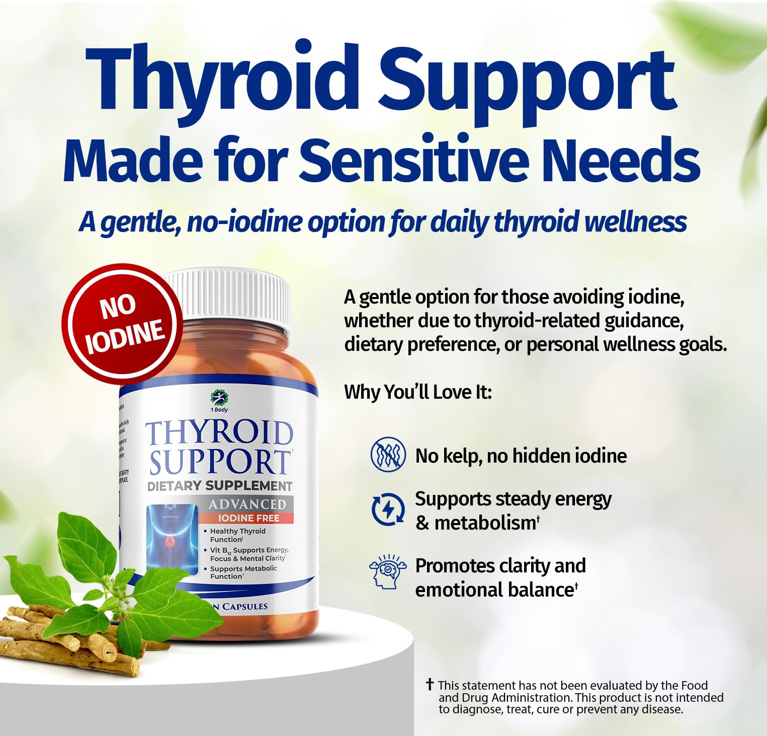 1 Body Thyroid Support Iodine-Free Supplement (60 Count) - Pack of 1