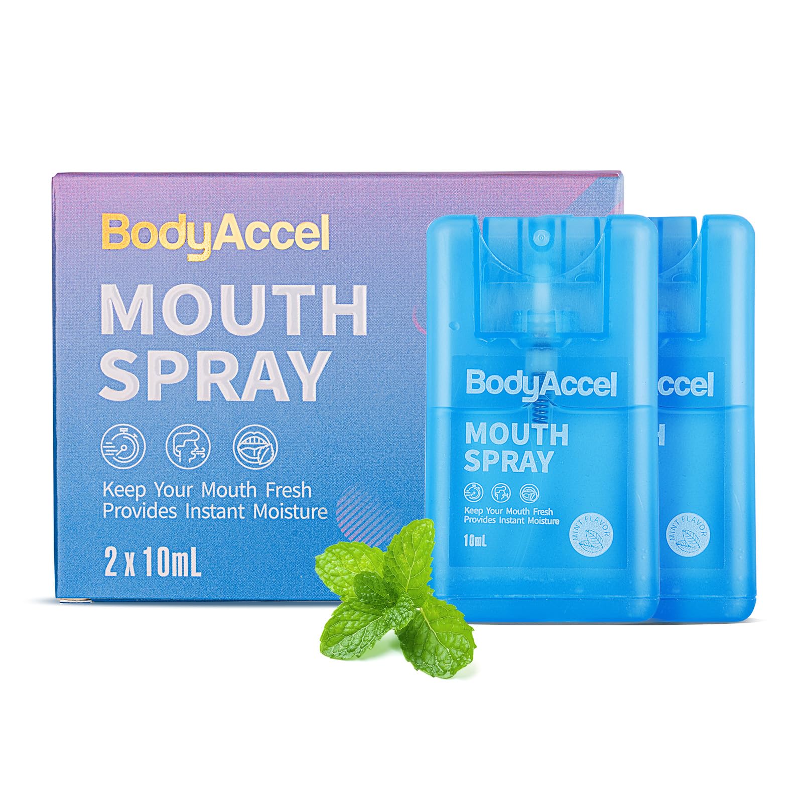BodyAccel Dry Mouth Spray - Breath Freshener, 2-Pack (0.7oz) | Portable Mint Mouth Spray