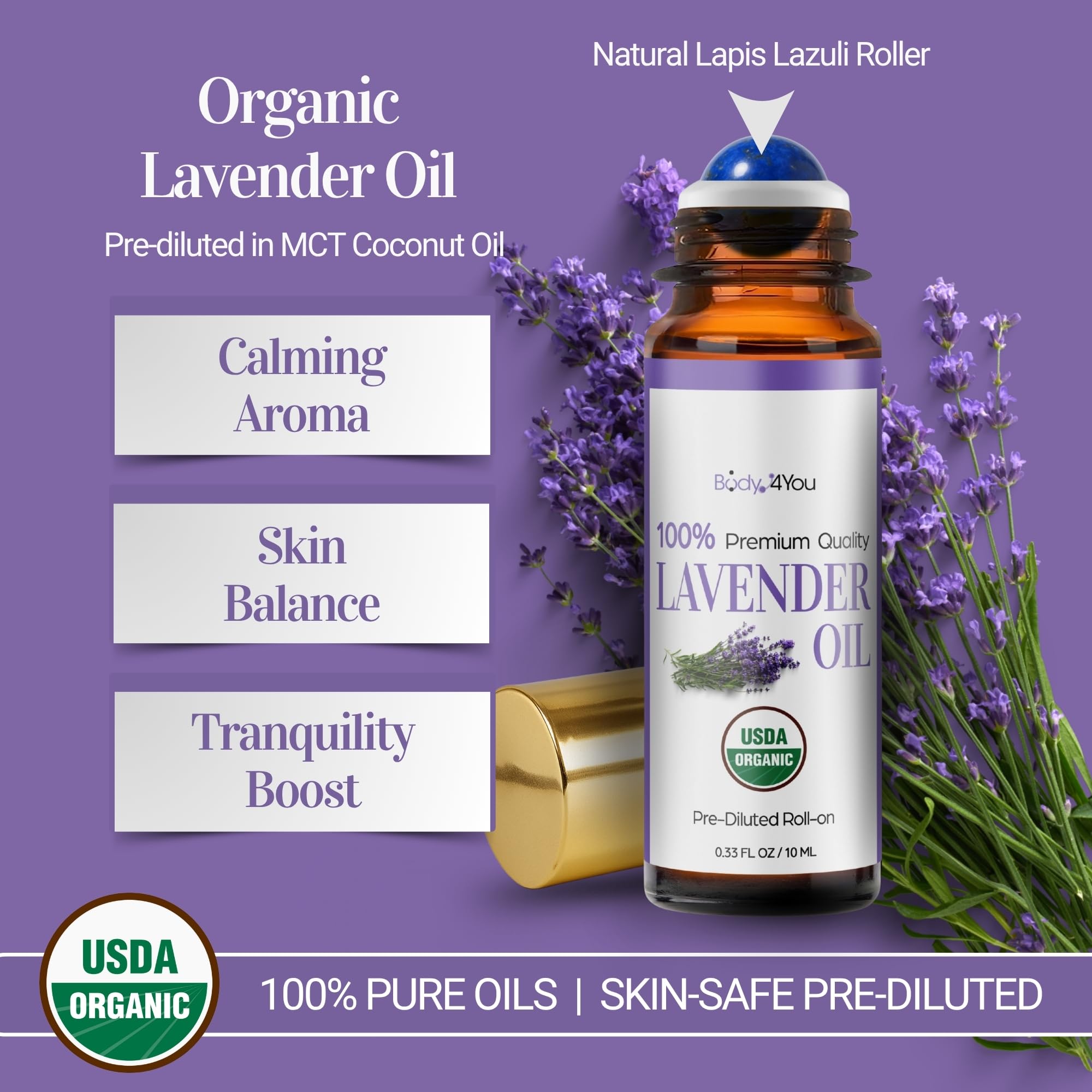 BodyJ4You Lavender Roll-On - USDA Organic MCT Coconut Oil, Amethyst Stone, 10ml