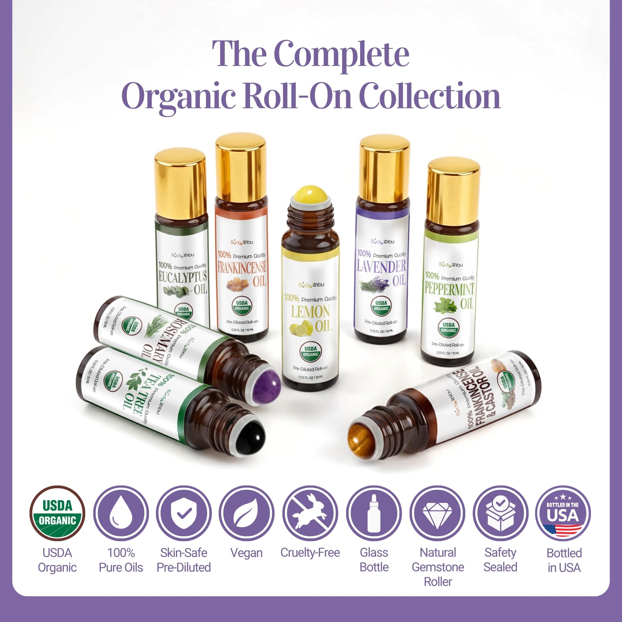 BodyJ4You Lavender Roll-On - USDA Organic MCT Coconut Oil, Amethyst Stone, 10ml