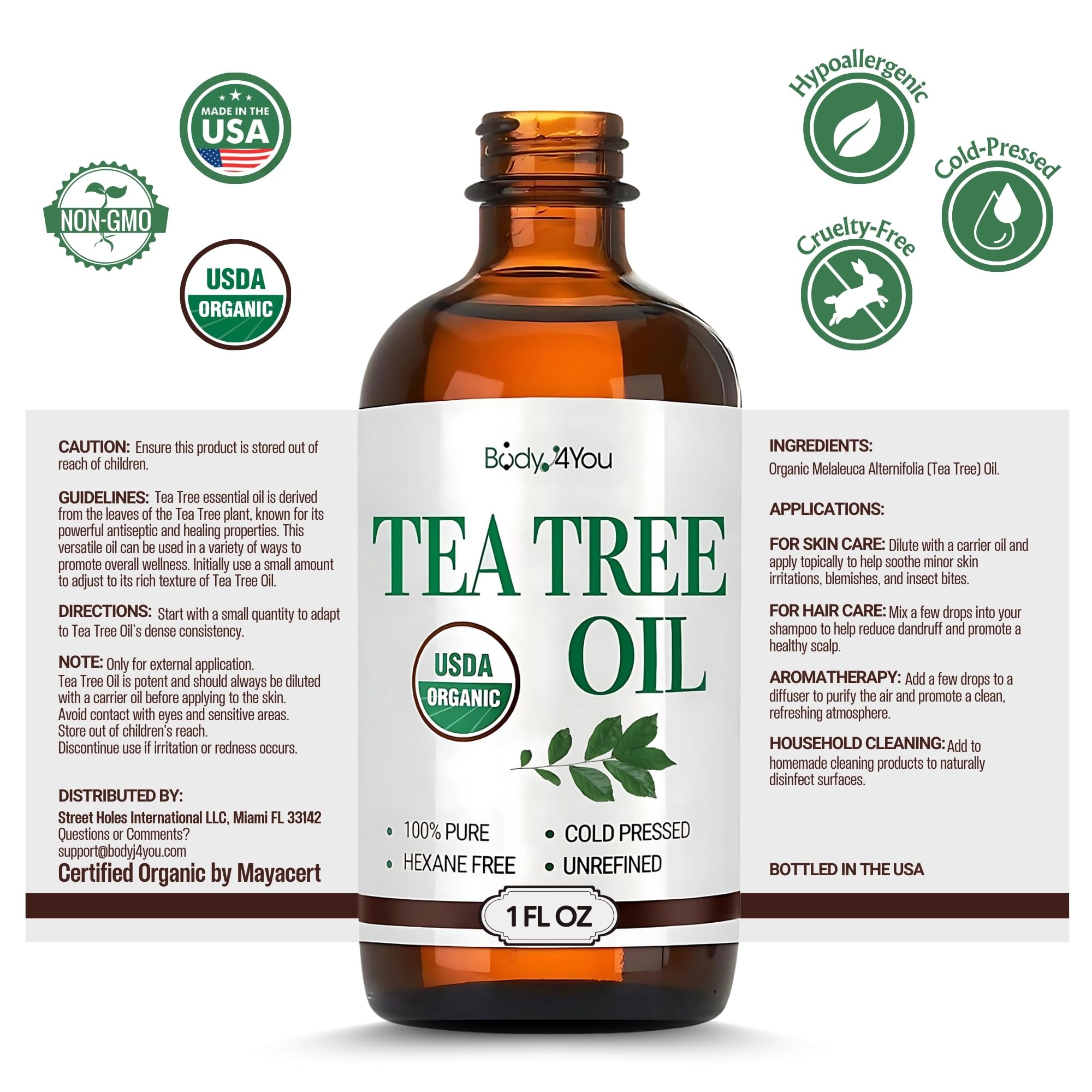 BodyJ4You Pure Tea Tree Oil – 100% Natural USDA Organic Essential Oil 1 Fl Oz