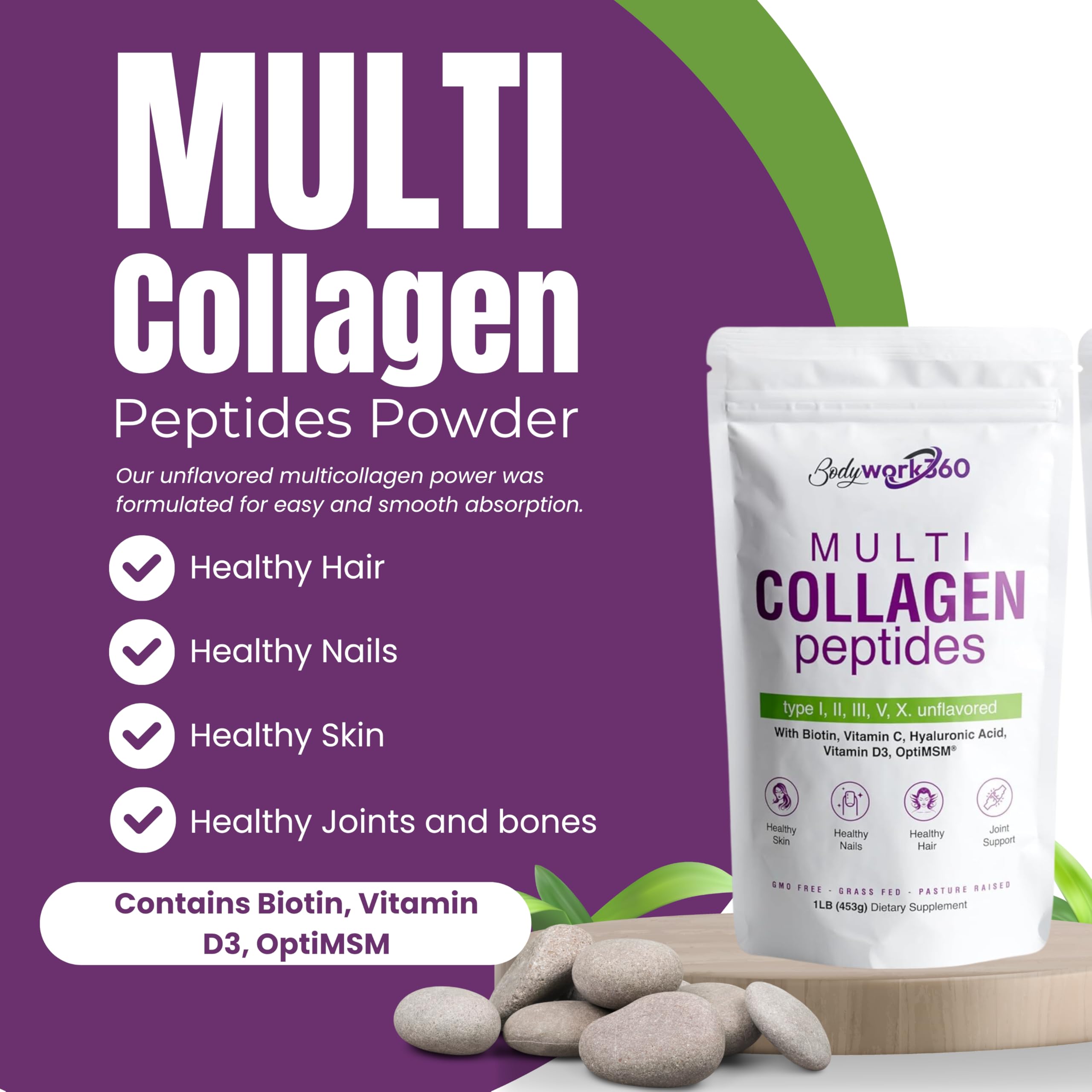 BODYWORK360 Multi Collagen Peptides Powder – 10-in-1 Unflavored (Type I–X, HA, Biotin)