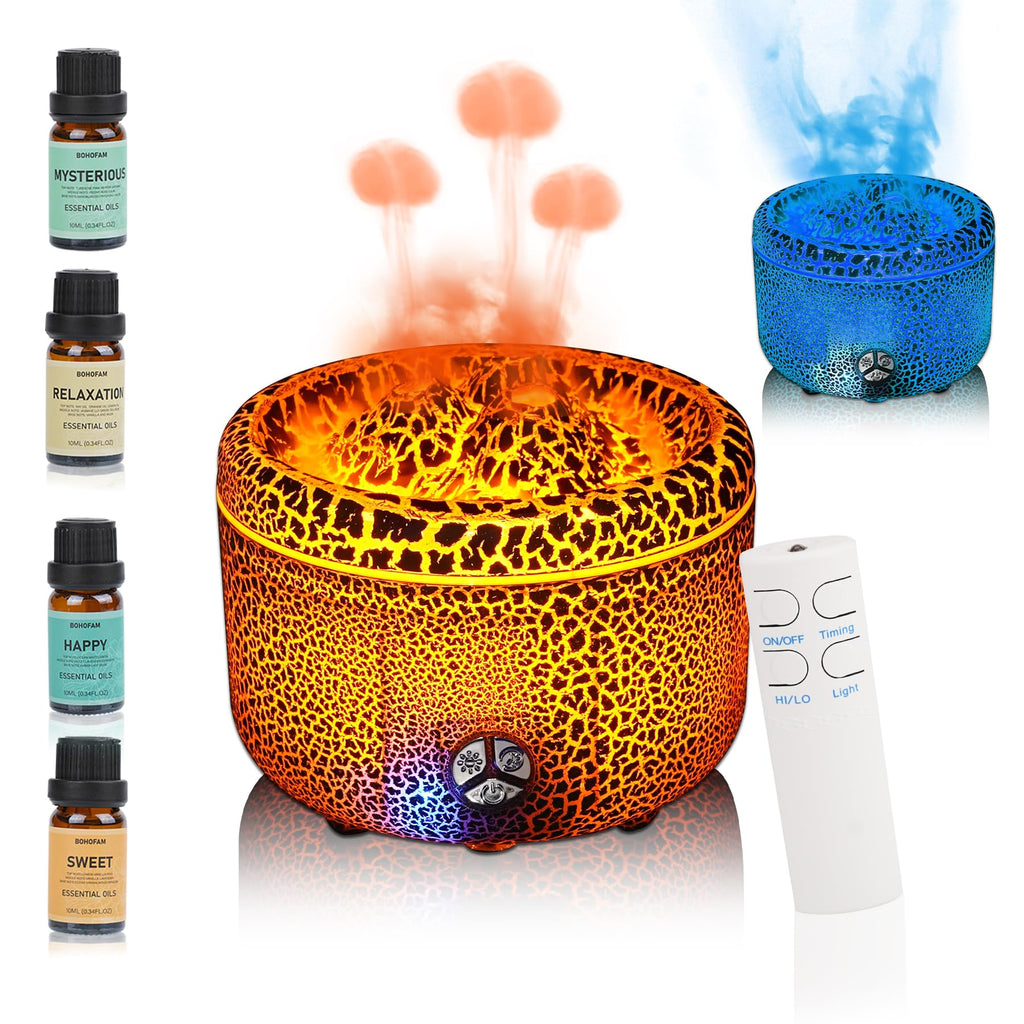 BOHOFAM 500ML Essential Oil Diffuser – Volcano & Flame Humidifier (Gray Crack)