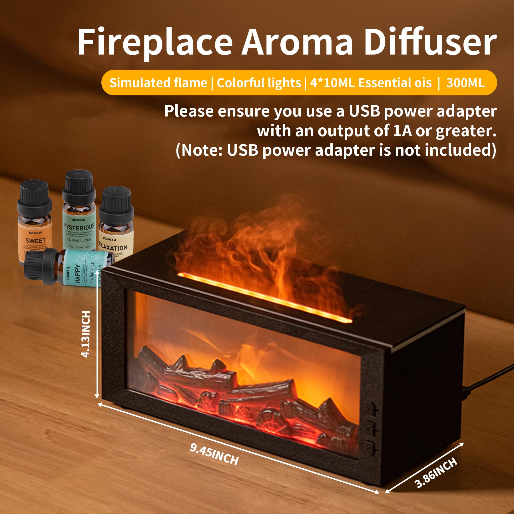BOHOFAM Fireplace Essential Oil Diffuser 300ML | 14-Hour Run Time | Colorful Flame (Black) - Hotel Collection Oils Included