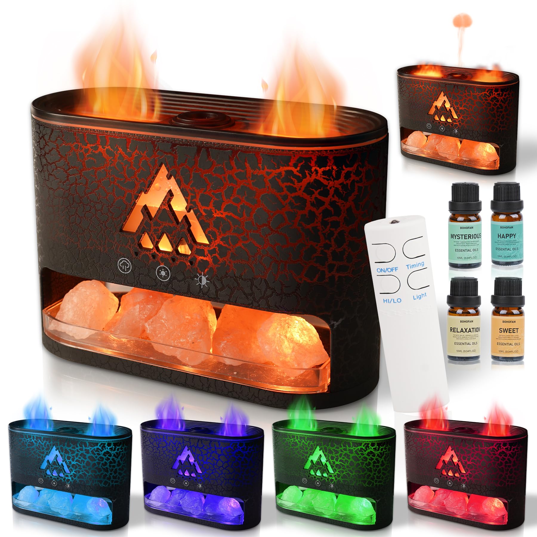 BOHOFAM Essential Oil Diffuser with Himalayan Salt Lamp - Double Flame & Jellyfish (Black)