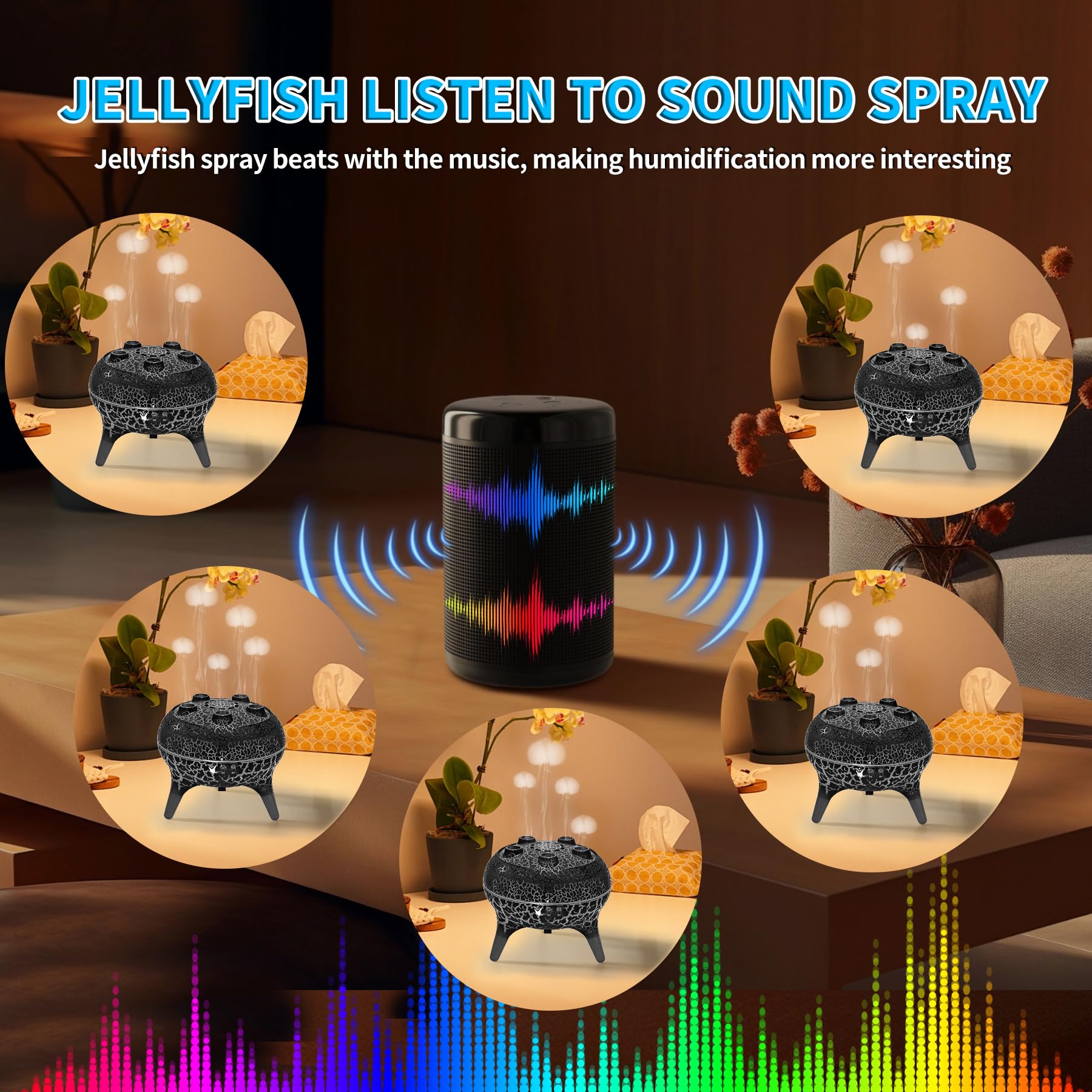 BOHOFAM Jellyfish Diffuser 250ML – Sound-Activated Mist, 7-Color Lights