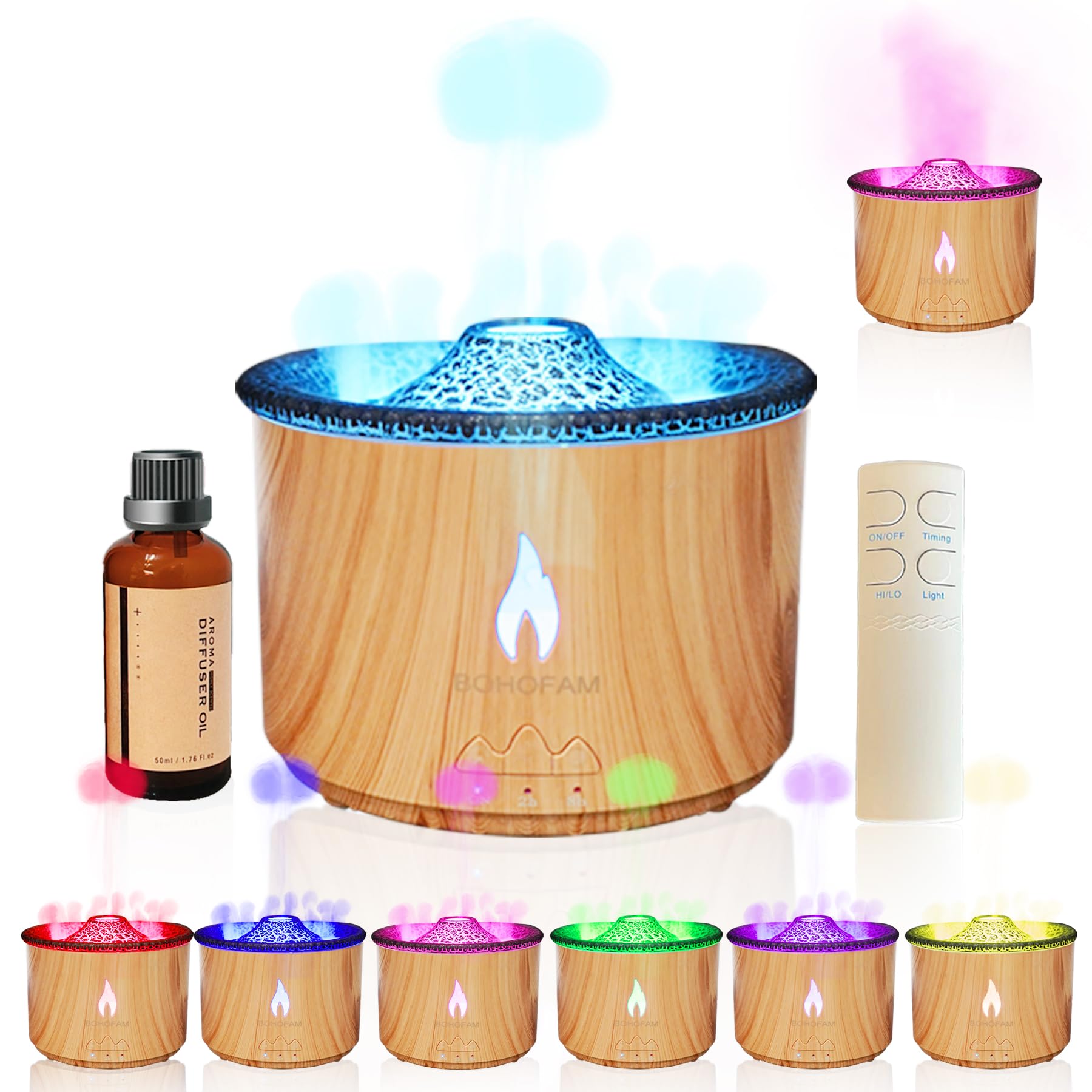 BOHOFAM Aroma Essential Oil Diffuser 360ML – Volcano & Flame Modes, 7-Color Lights, Large Room Humidifier