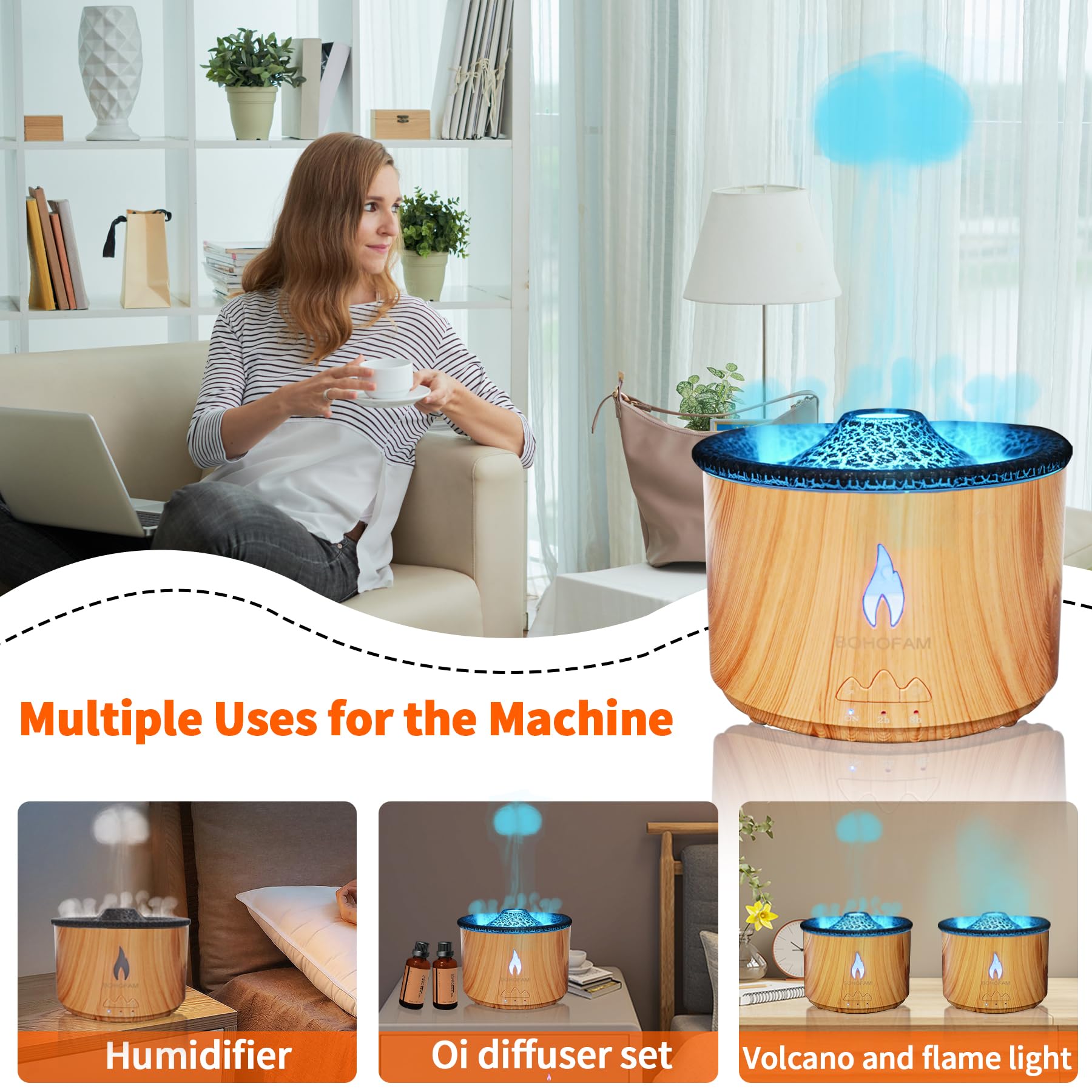BOHOFAM Aroma Essential Oil Diffuser 360ML – Volcano & Flame Modes, 7-Color Lights, Large Room Humidifier