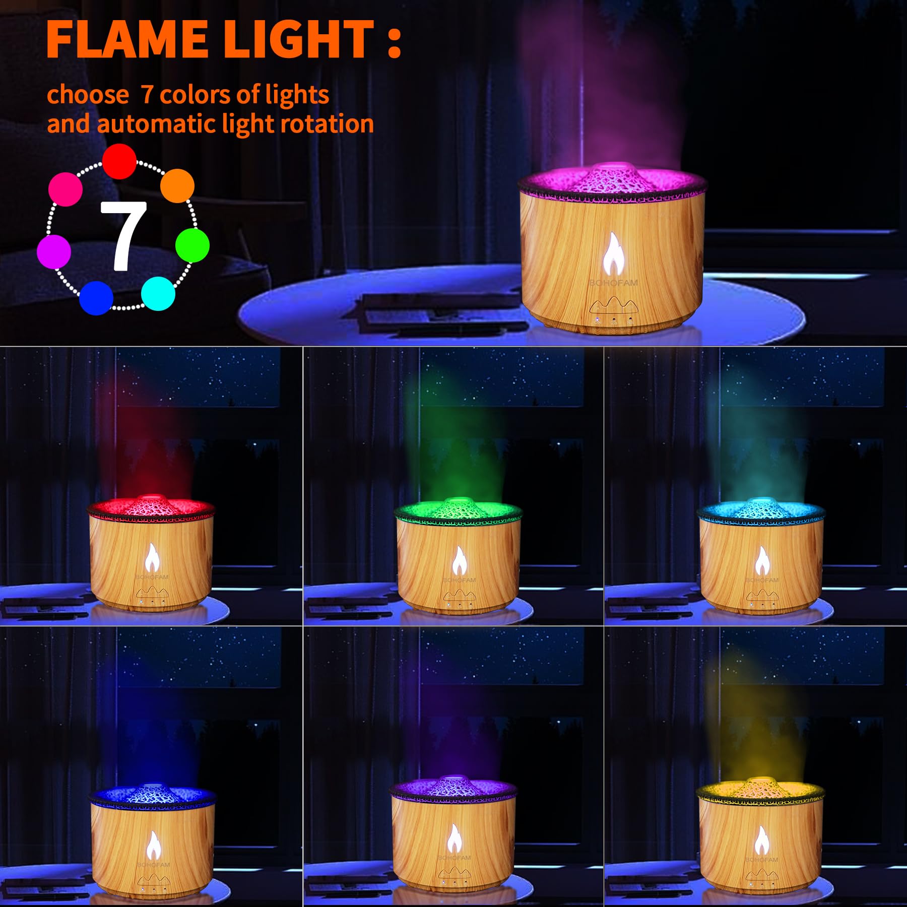 BOHOFAM Aroma Essential Oil Diffuser 360ML – Volcano & Flame Modes, 7-Color Lights, Large Room Humidifier