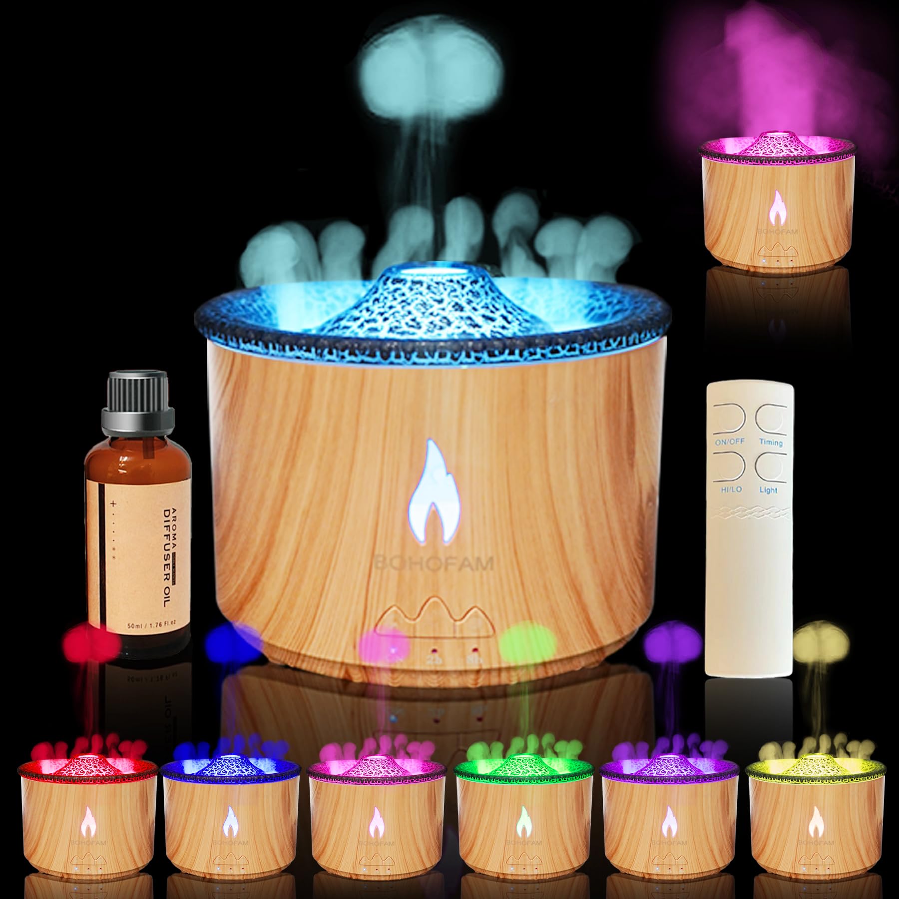 BOHOFAM Aroma Essential Oil Diffuser 360ML – Volcano & Flame Modes, 7-Color Lights, Large Room Humidifier