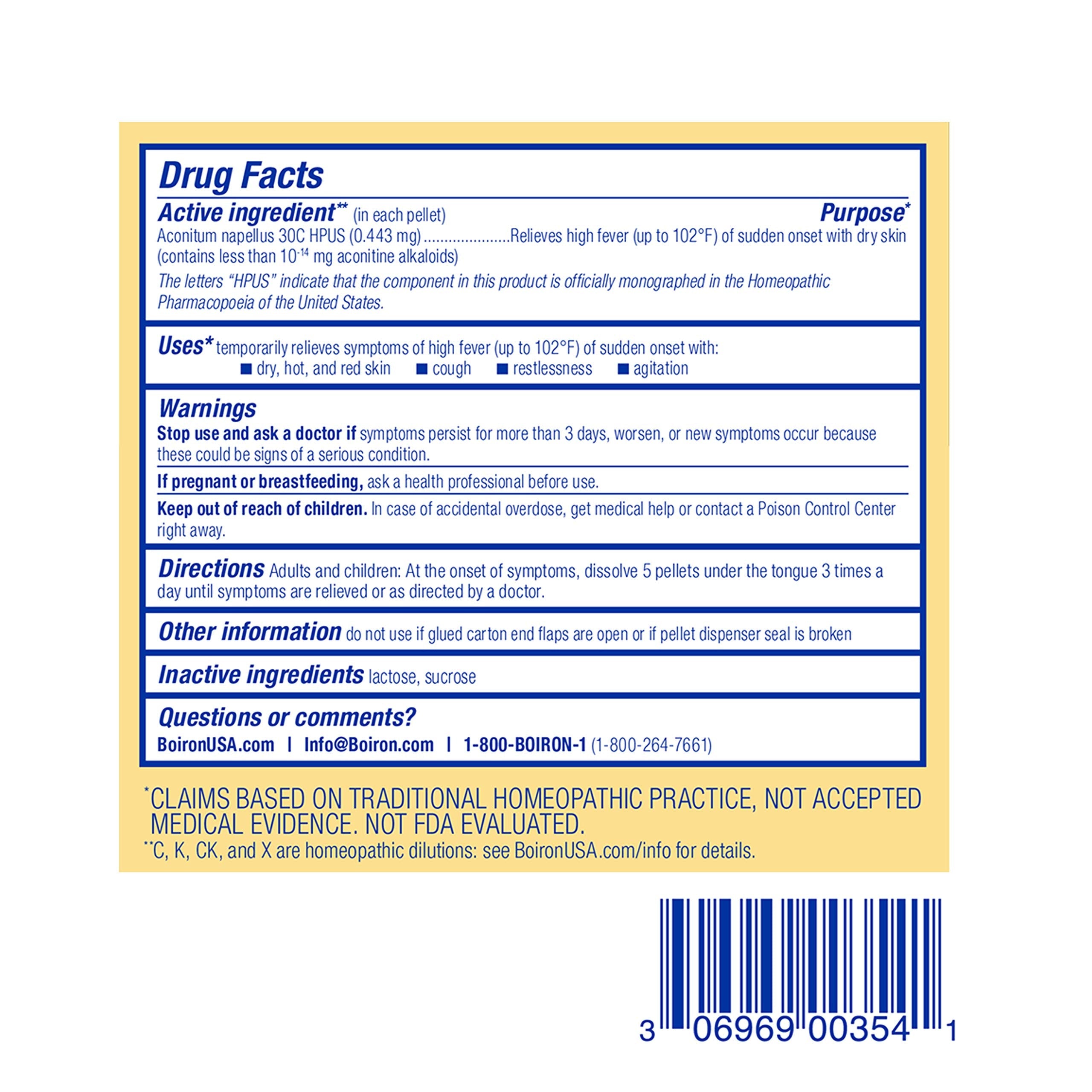 Boiron Aconitum Napellus 30C – Fever Relief Pellets, 240 Count (3 Tubes)