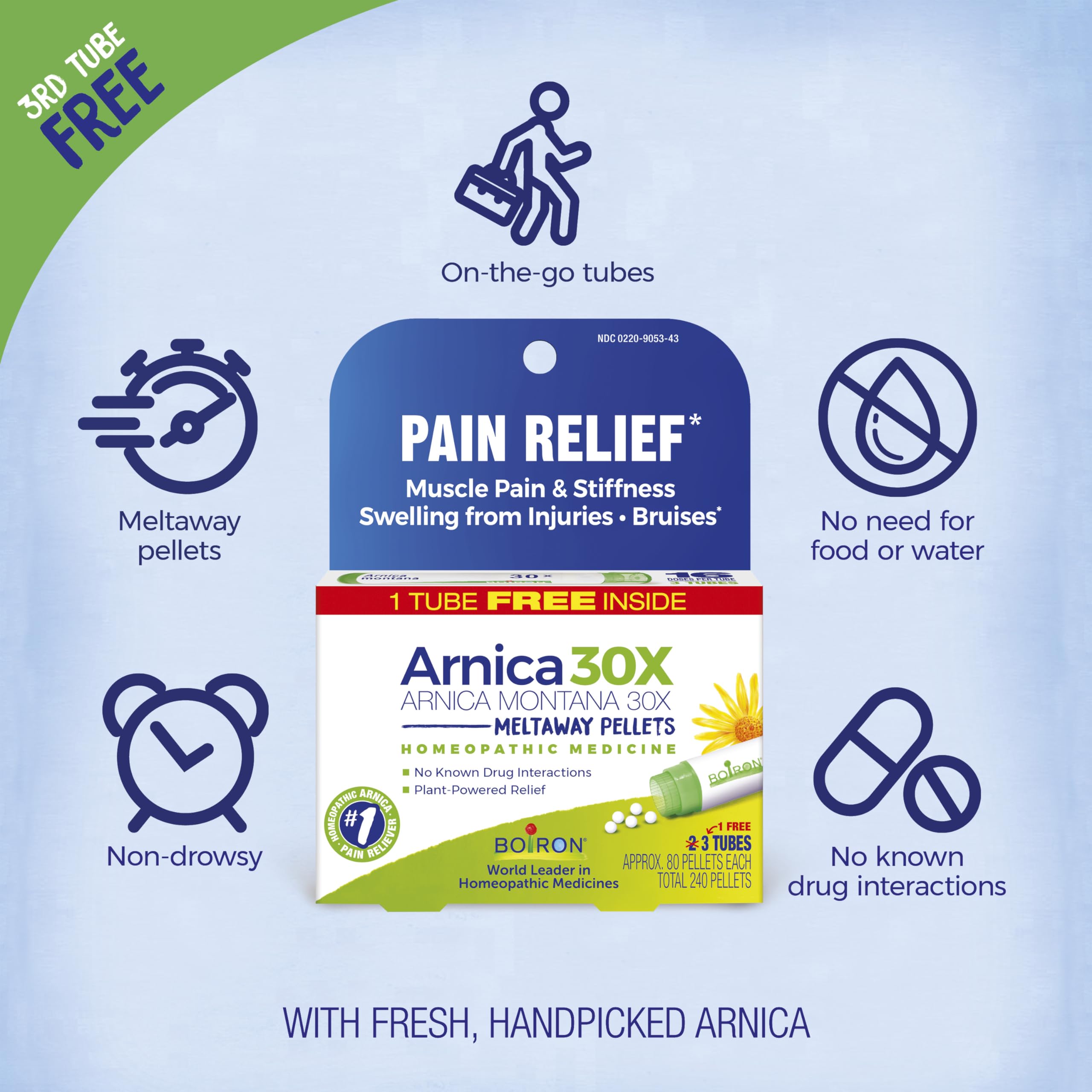 Boiron Arnica Montana 30X Homeopathic Pain Relief – Muscle Pain, Stiffness & Bruising (3 Count, 240 Pellets)