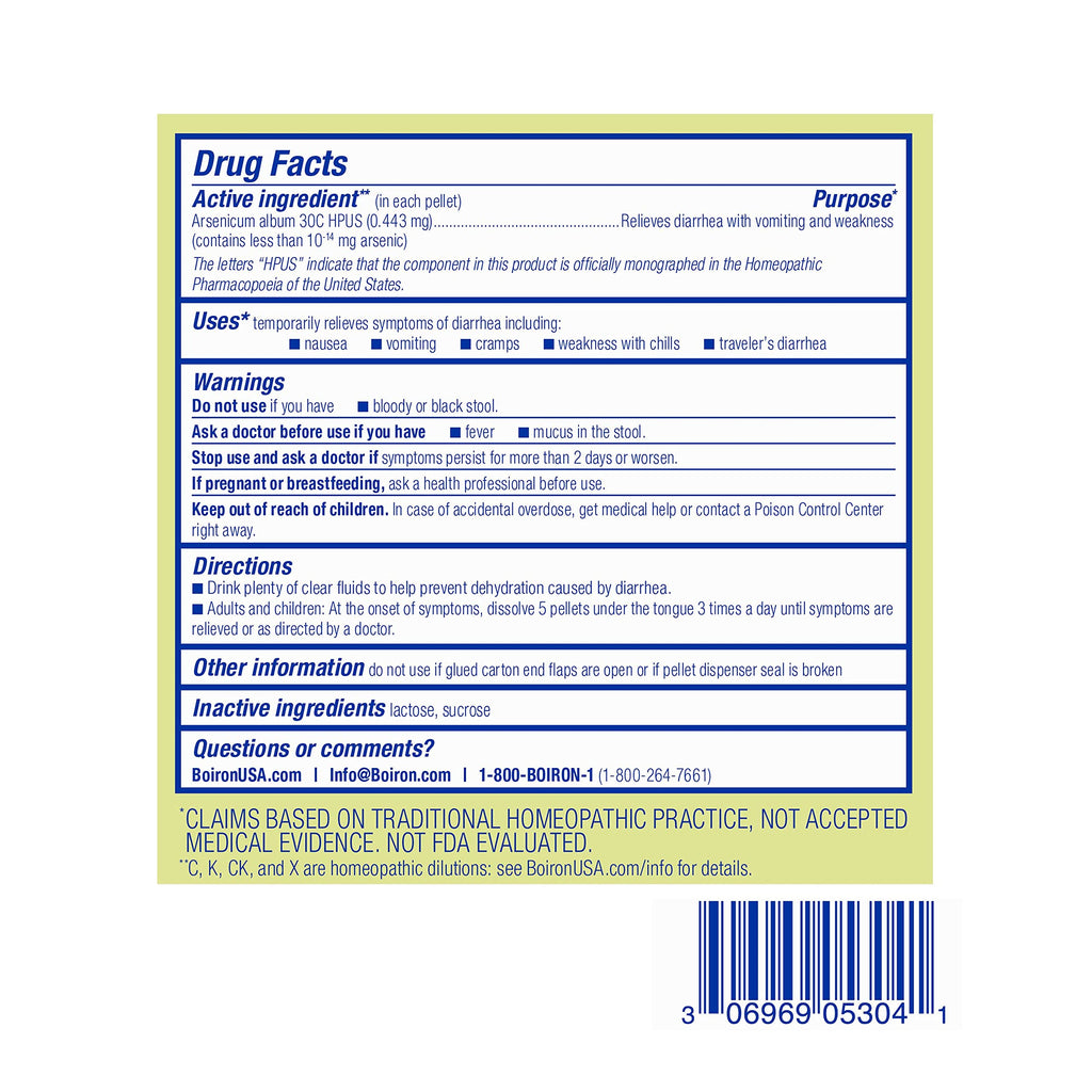 Boiron Arsenicum Album 30C – Homeopathic Diarrhea & Nausea Relief (240 Pellets)