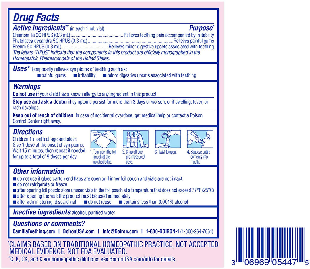 Boiron Camilia Teething Drops – Day & Night Relief for Babies (40 Droppers in 8 Packs)
