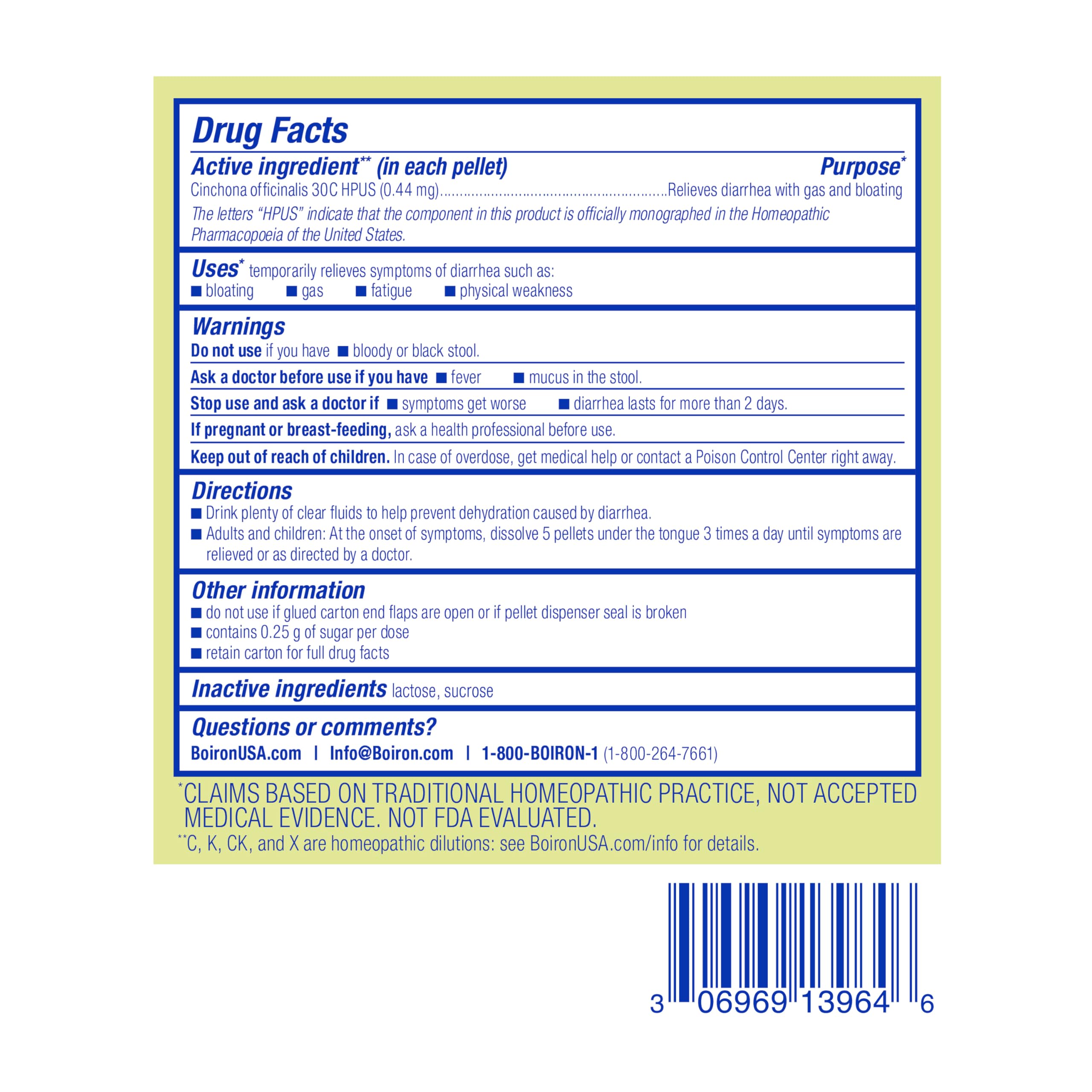 Boiron Cinchona 30C Homeopathic Diarrhea Relief – 3 Tubes, 240 Pellets