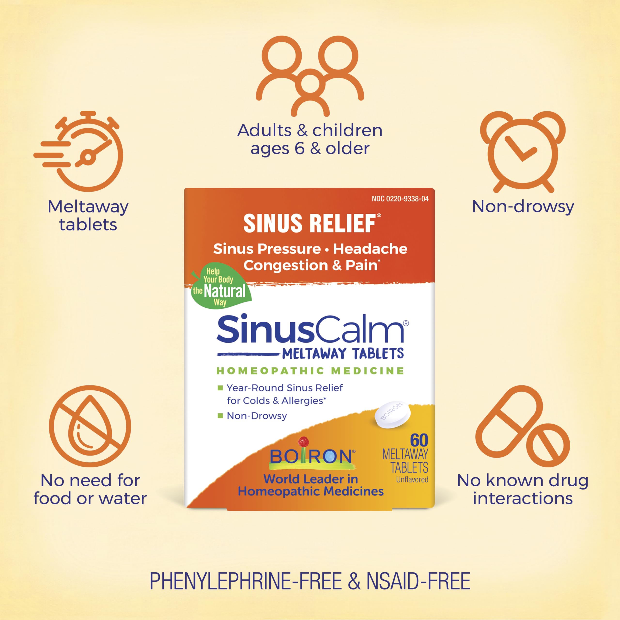 Boiron SinusCalm Tablets – Sinus Pain Relief, 60 Count | Non-Drowsy, Phenylephrine-Free