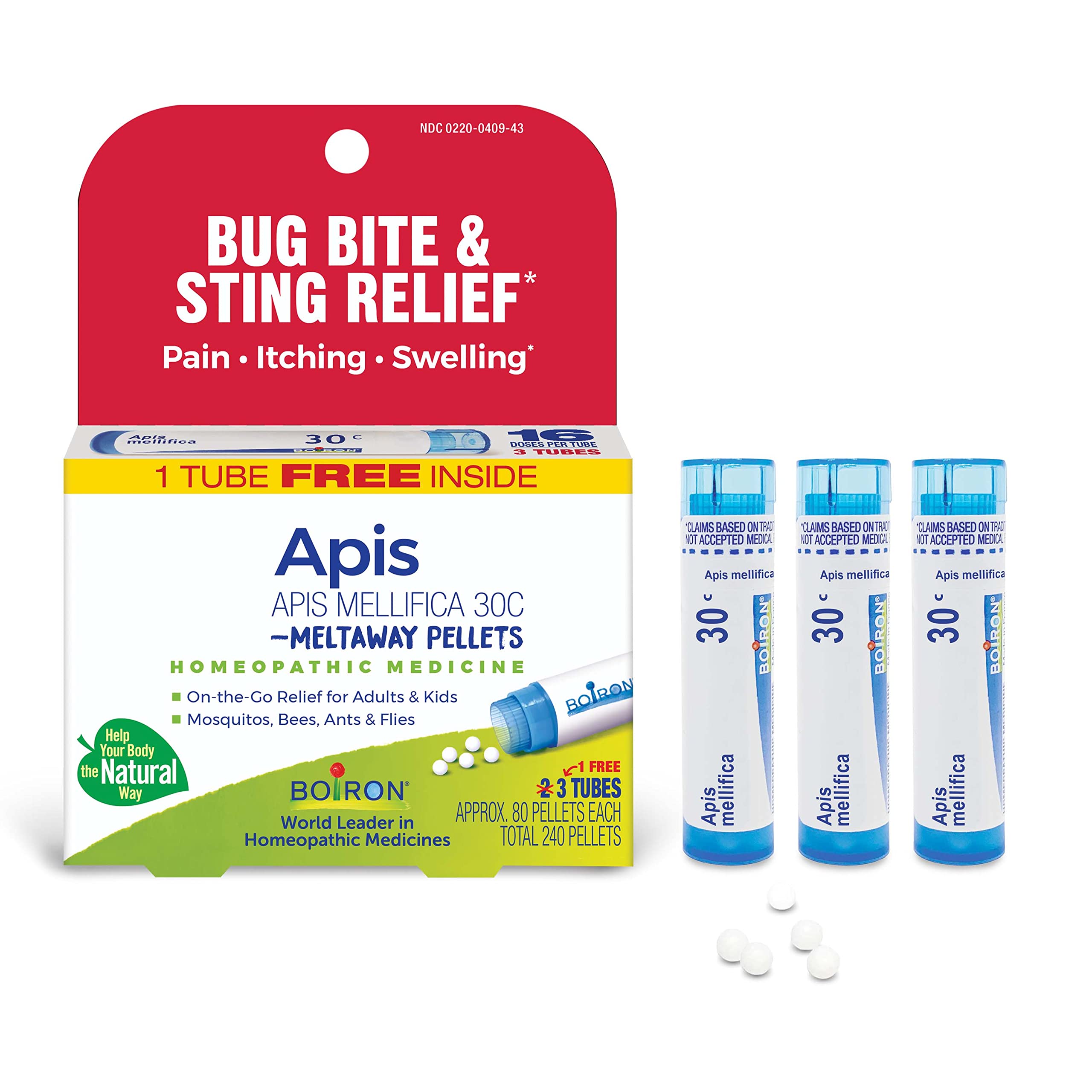 Boiron Apis Mellifica 30C - Homeopathic Bug Bite Relief (3 Count, 240 Pellets)