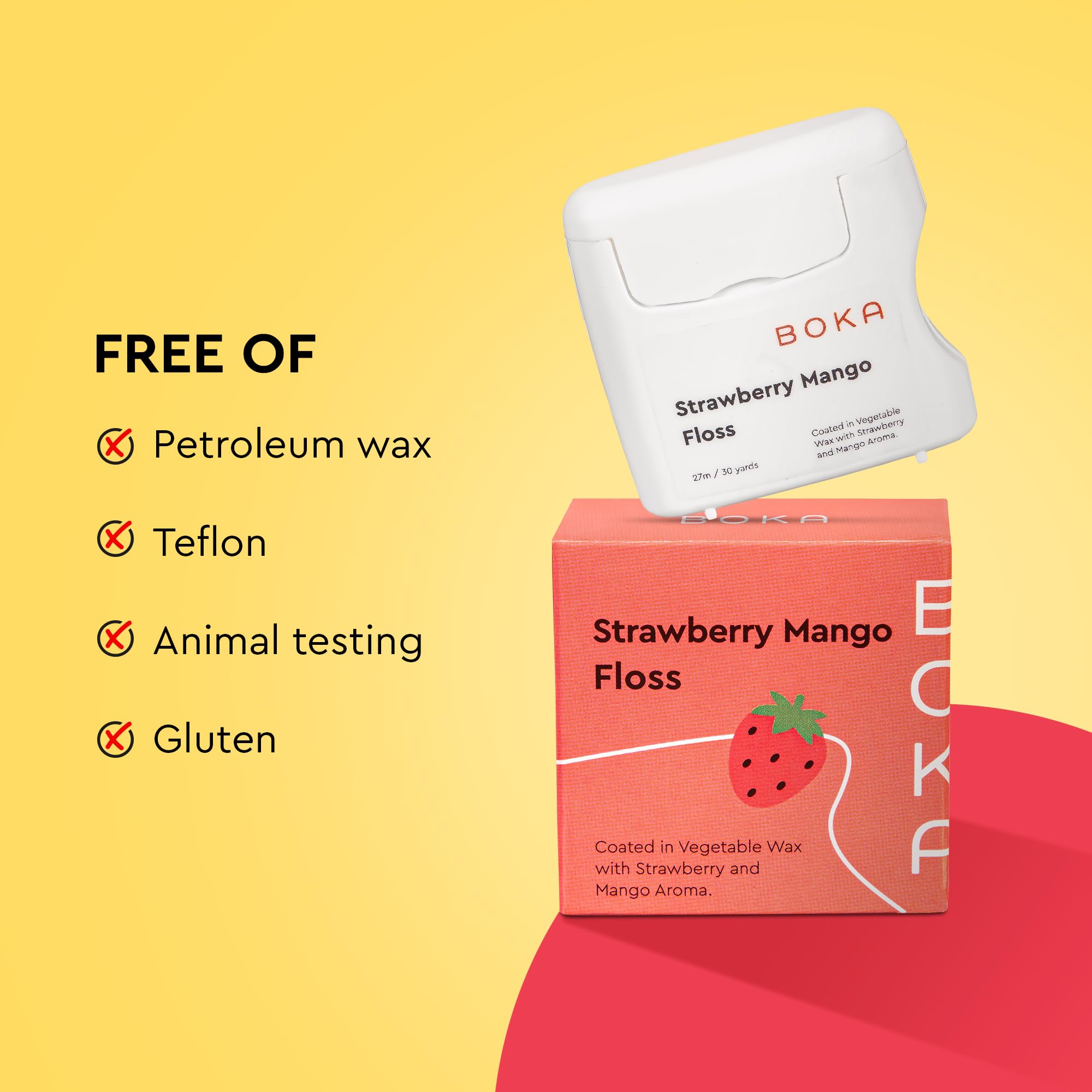 Boka Strawberry Mango Woven Dental Floss – Natural Vegetable Wax, Teflon-Free, 30 Yards (Pack of 2)