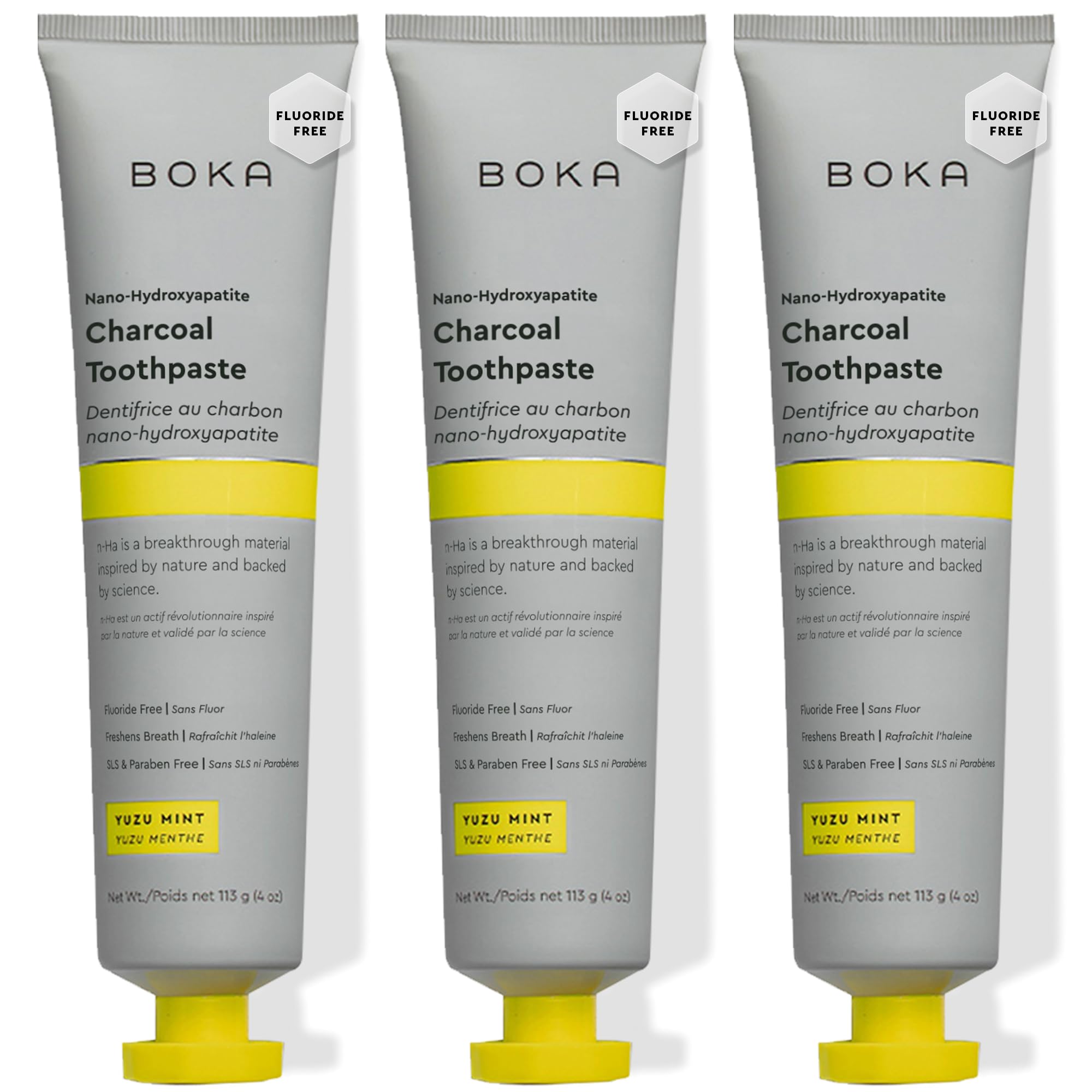 Boka Fluoride Free Toothpaste with Nano-Hydroxyapatite – Charcoal Yuzu Mint, 4 oz 3-Pack