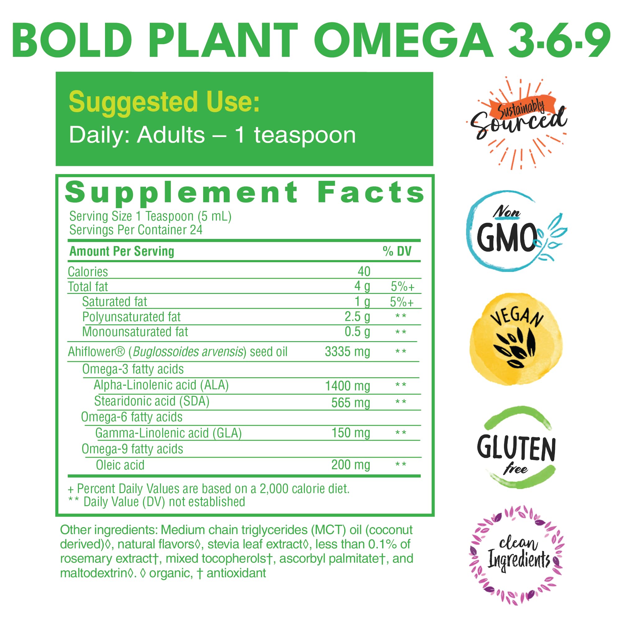 Bold Botanica Plant Omega 3-6-9 with Ahiflower Oil – Vegan, Non-GMO, 4 oz