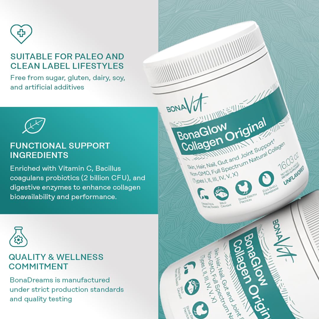 Bonavit BonaGlow Multi-Source Collagen Powder – 44 Servings | Vitamin C, Probiotics, Digestive Enzymes