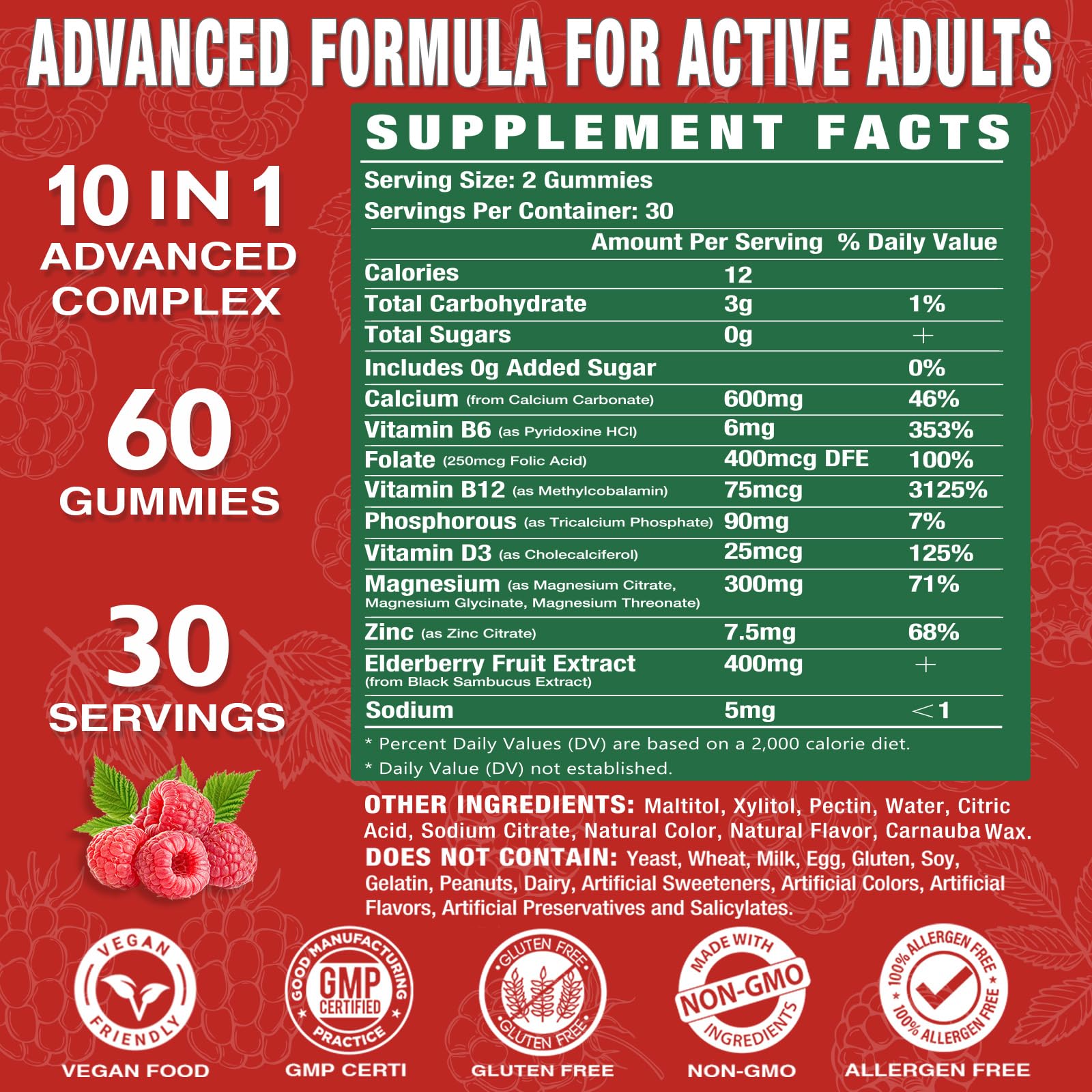 Calcium Magnesium Zinc Gummies with Vitamin D3 – Sugar Free, Vegan Raspberry 2 Pack