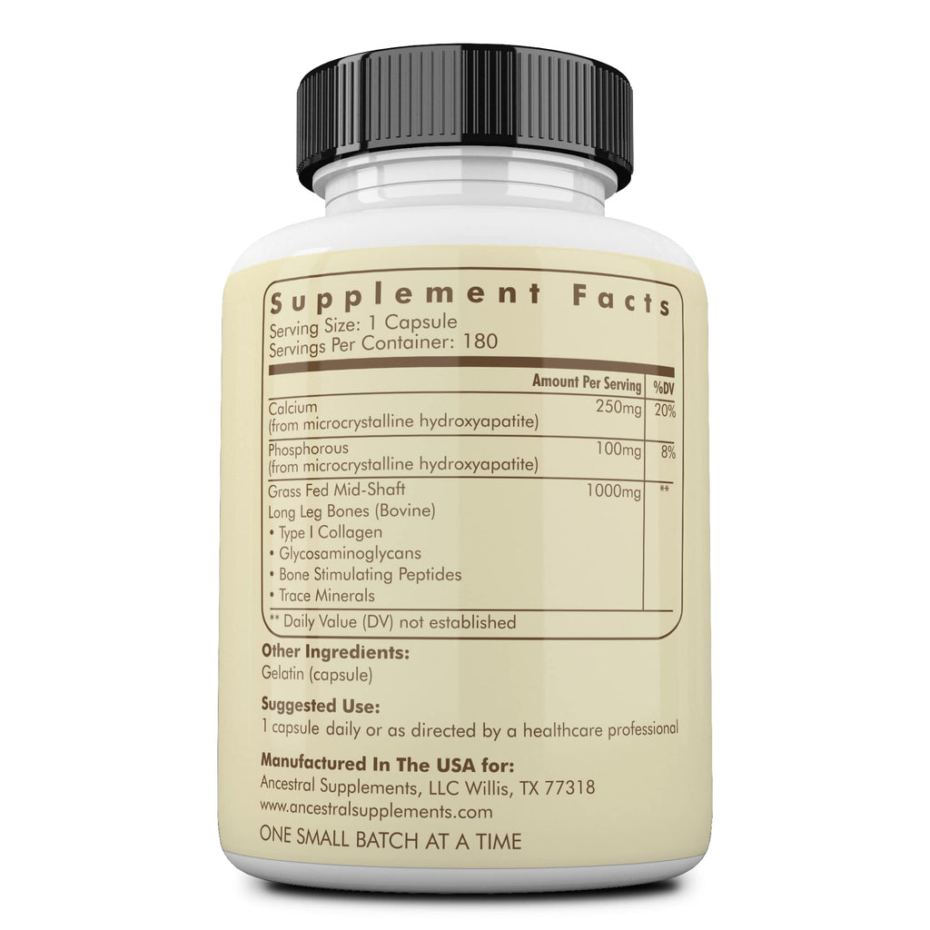 Ancestral Supplements Grass-Fed Beef Living Bone Supplement - Bone Health, Joint Support, Non-GMO, 180 Capsules