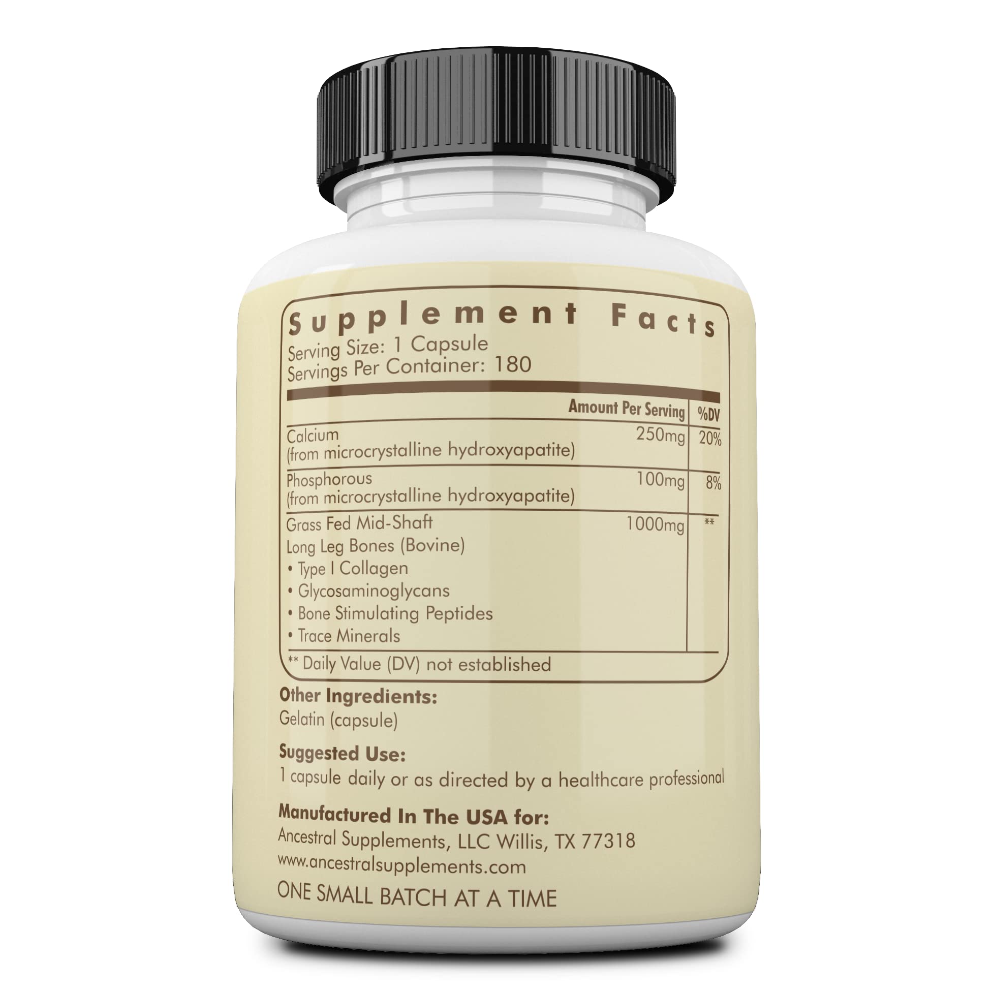 Ancestral Supplements Grass-Fed Beef Living Bone Supplement - Bone Health, Joint Support, Non-GMO, 180 Capsules