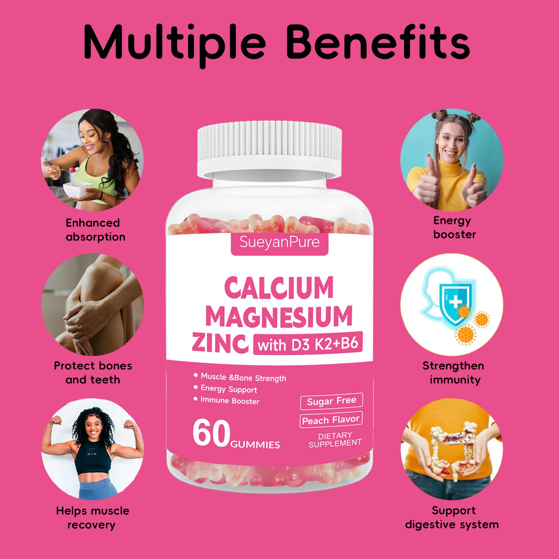 Sugar Free Calcium Magnesium Zinc Gummies with Vitamin D3 C B6 K2 – 600mg Calcium, 300mg Magnesium (60 Count)