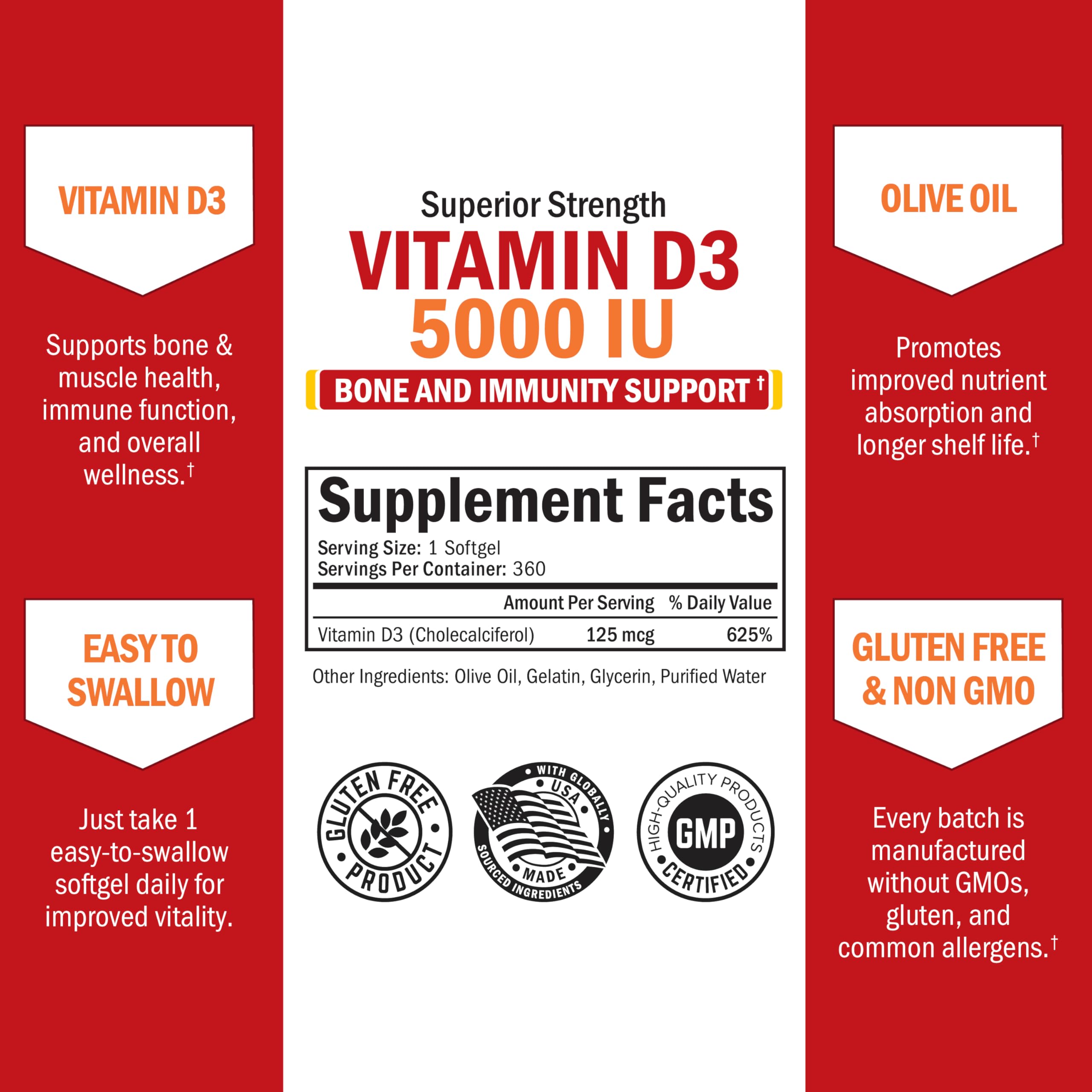 Vitamin D3 5000 IU with Olive Oil - Immune, Bone & Muscle Health