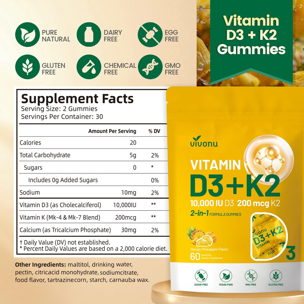 Vitamin D3 K2 Gummies 10000 IU + MK7-200 mcg | 60 Gummies