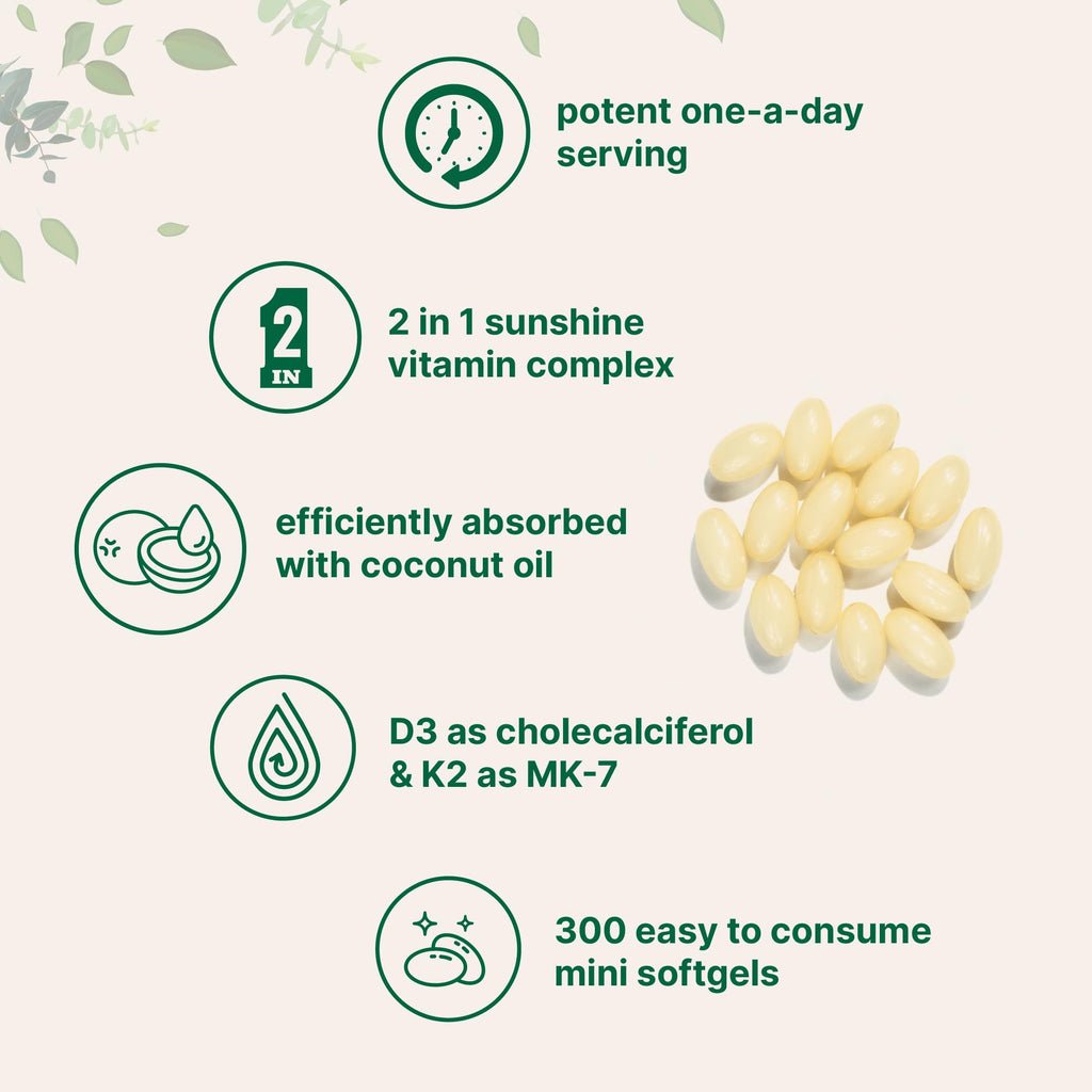 Vitamin D3 5000 IU + K2 MK-7 100 mcg – 300 Softgels, Virgin Coconut Oil