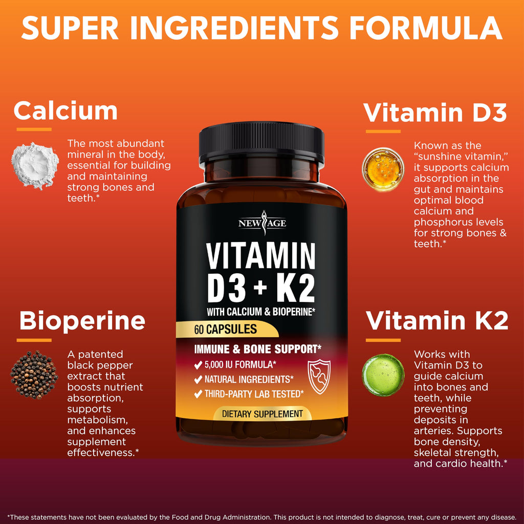 Vitamin D3 5,000 IU + K2 MK-7 100 mcg - 60 Capsules | Bone, Immune & Heart Support - Vegan & Non-GMO