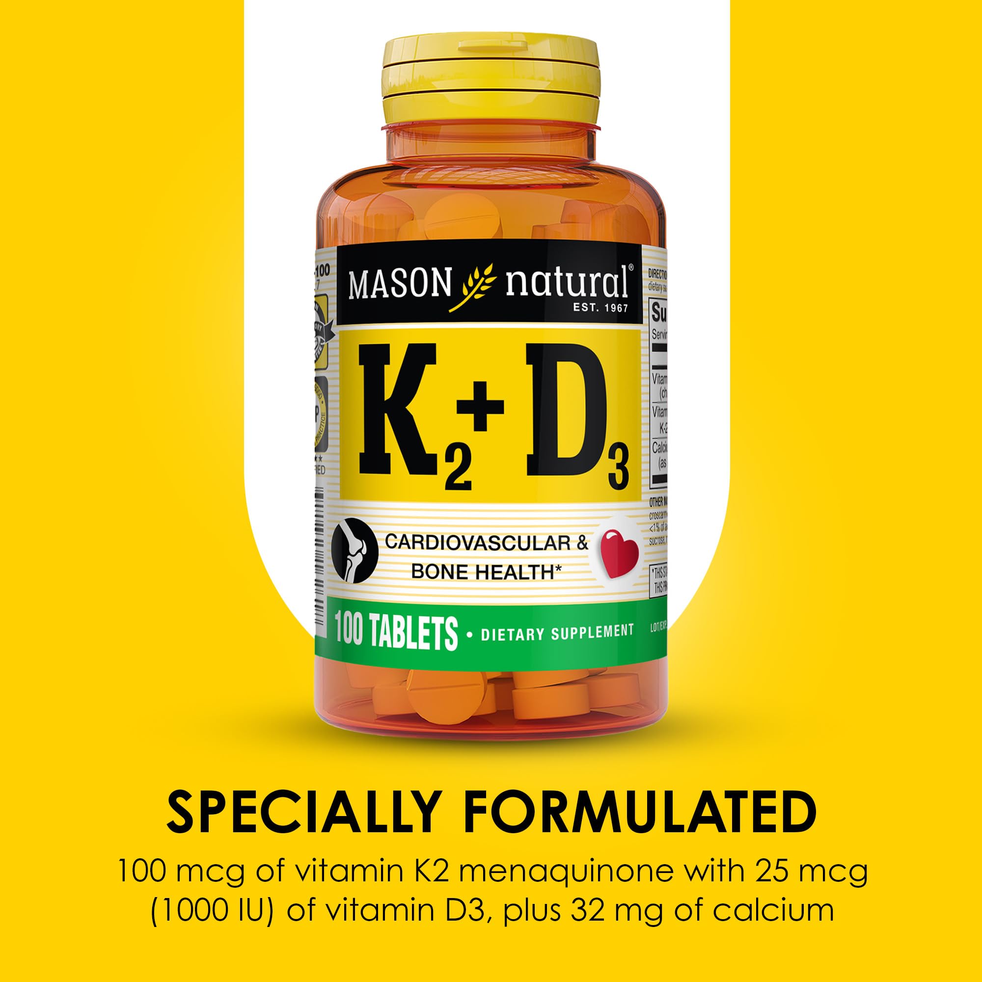 Mason Natural Vitamin K2 + D3 100 mcg / 25 mcg with Calcium | 100 Day Supply | Bone & Muscle Support
