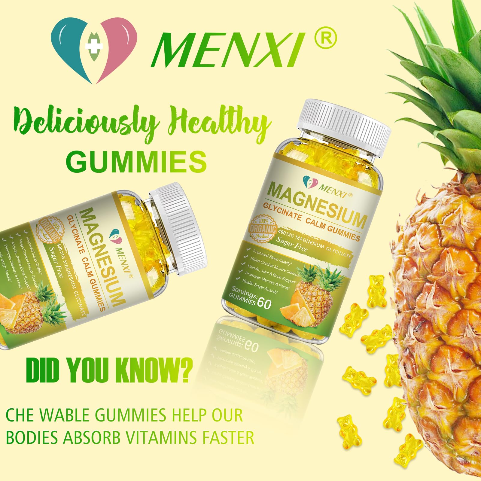 Magnesium Glycinate Gummies 400mg + Taurate, Sugar Free Pineapple - 60 Gummies with Vitamin D, B6, CoQ10 | Sleep & Relaxation