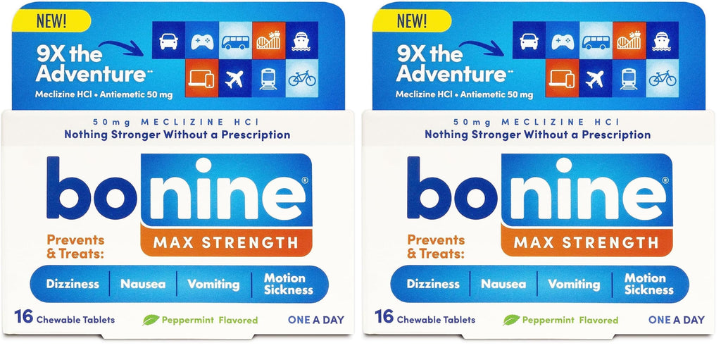 Bonine MAX Chewable for Motion Sickness Relief – Peppermint, 50 mg Meclizine HCl, 32 Chews (Pack of 2)