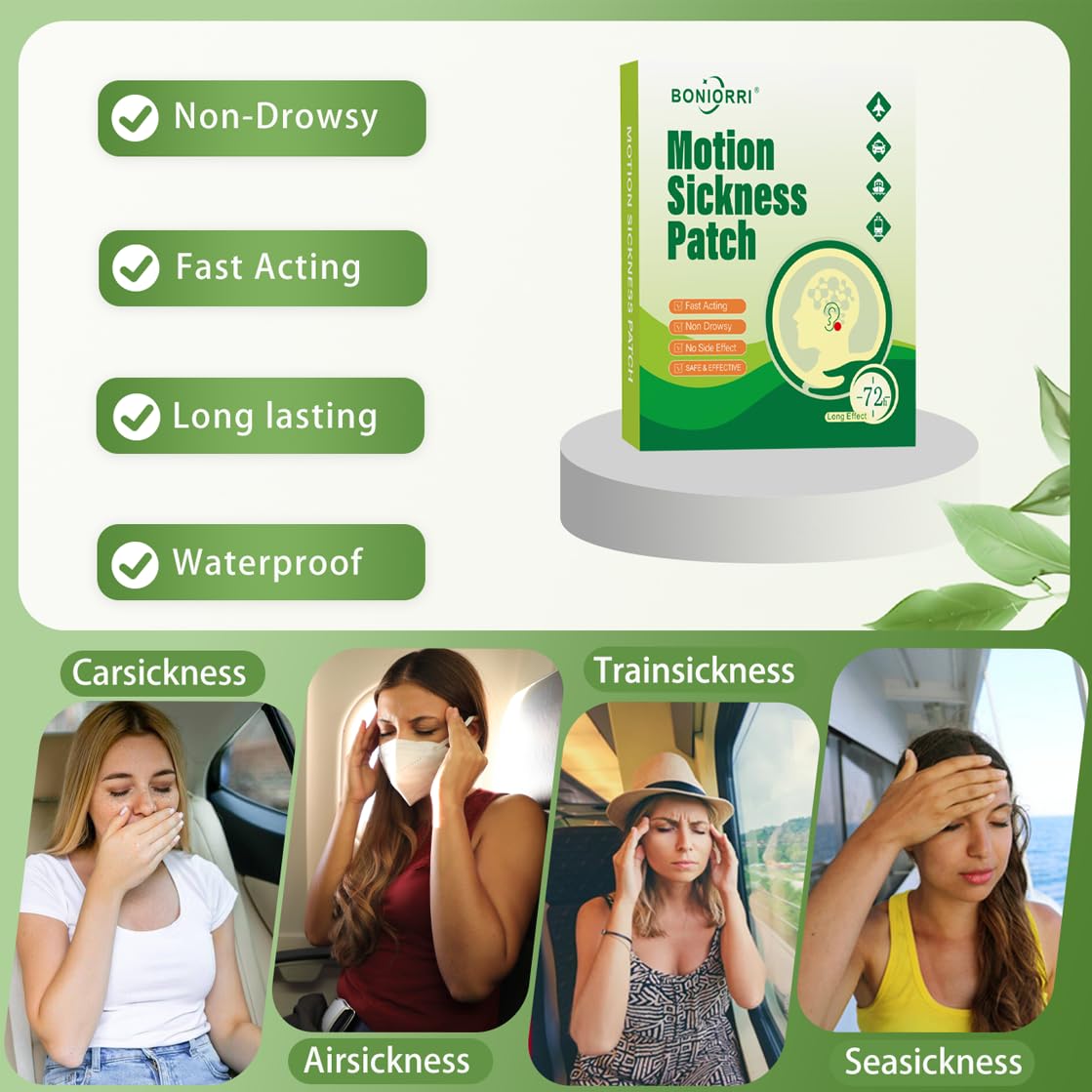 BONIORRI Motion Sickness Patches - Non-Drowsy Sea & Travel Relief (24 Count)