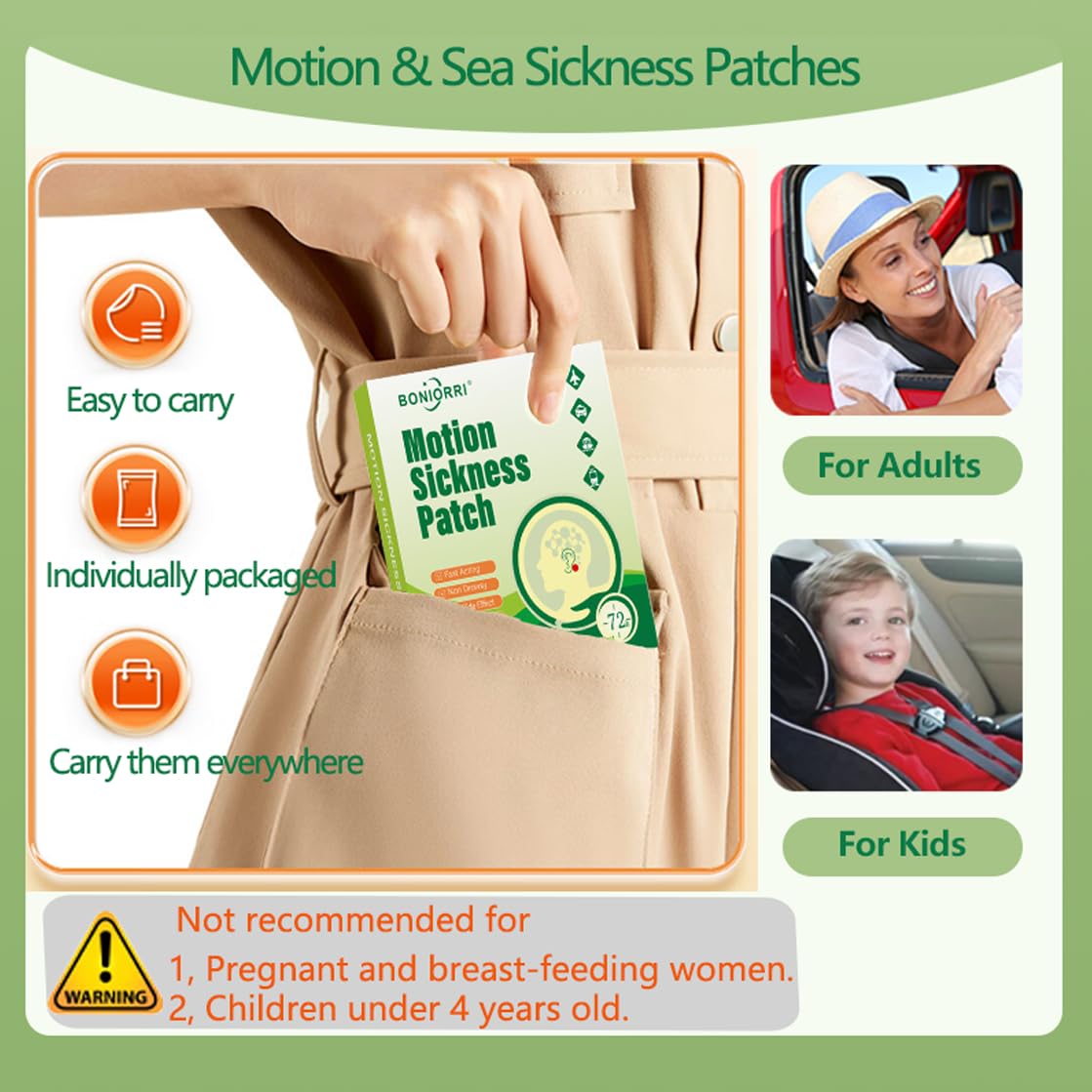 BONIORRI Motion Sickness Patches | Non-Drowsy Sea Sickness Patches, 36 Count