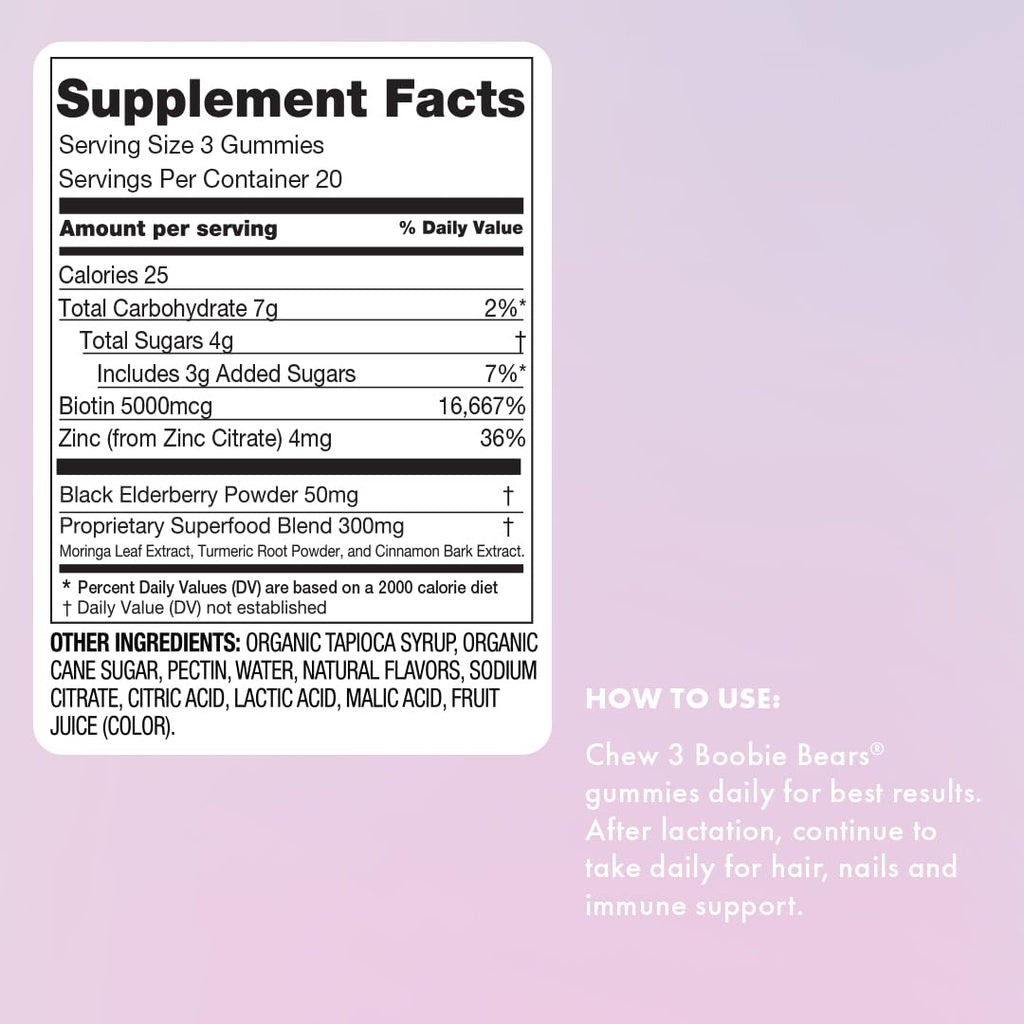 Boobie Bears Lactation Gummies | Milk Supply Boost, Immunity & Hair Growth | 120 Count