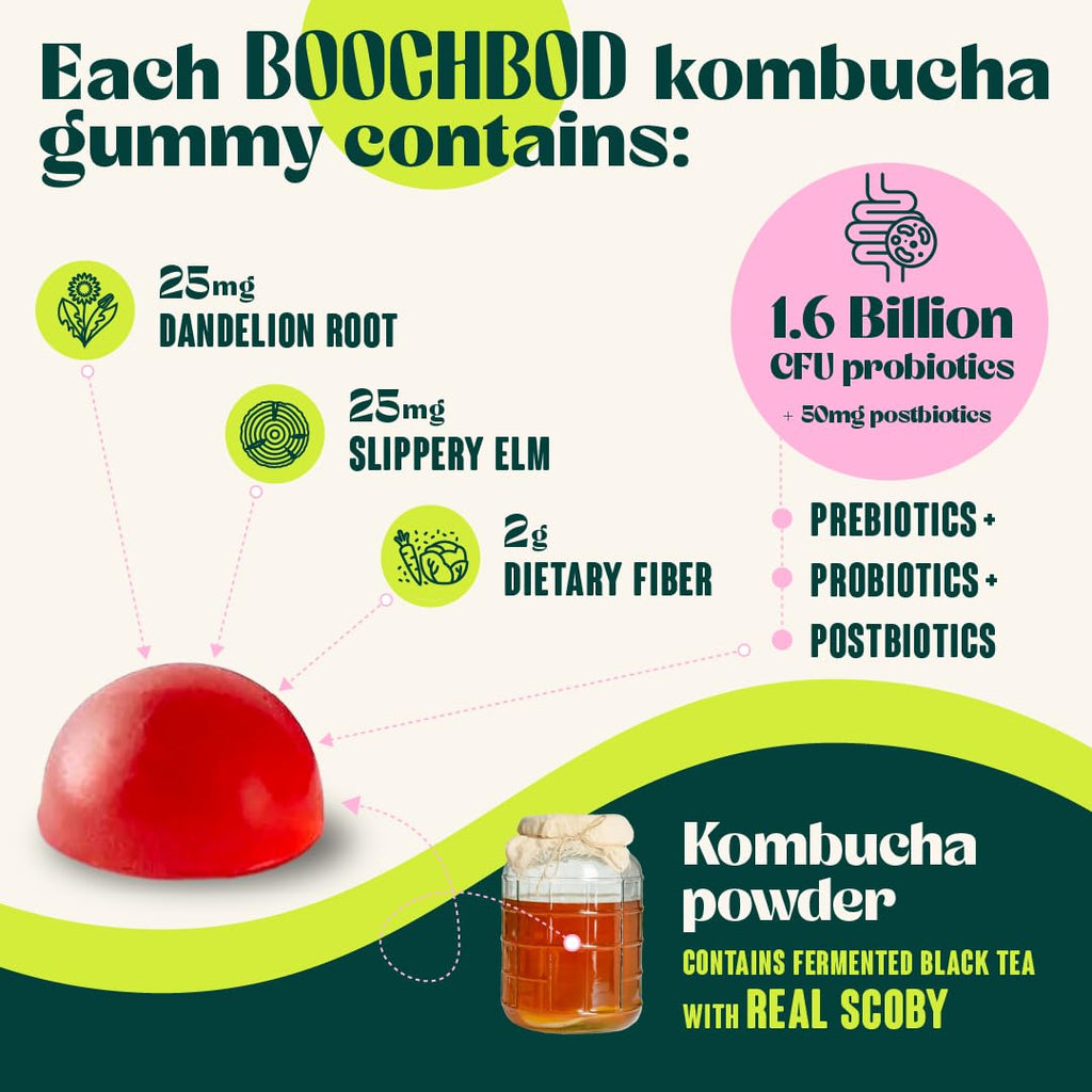 BoochBod Probiotic Kombucha Gummies – Gut Health, Prebiotics & Probiotics