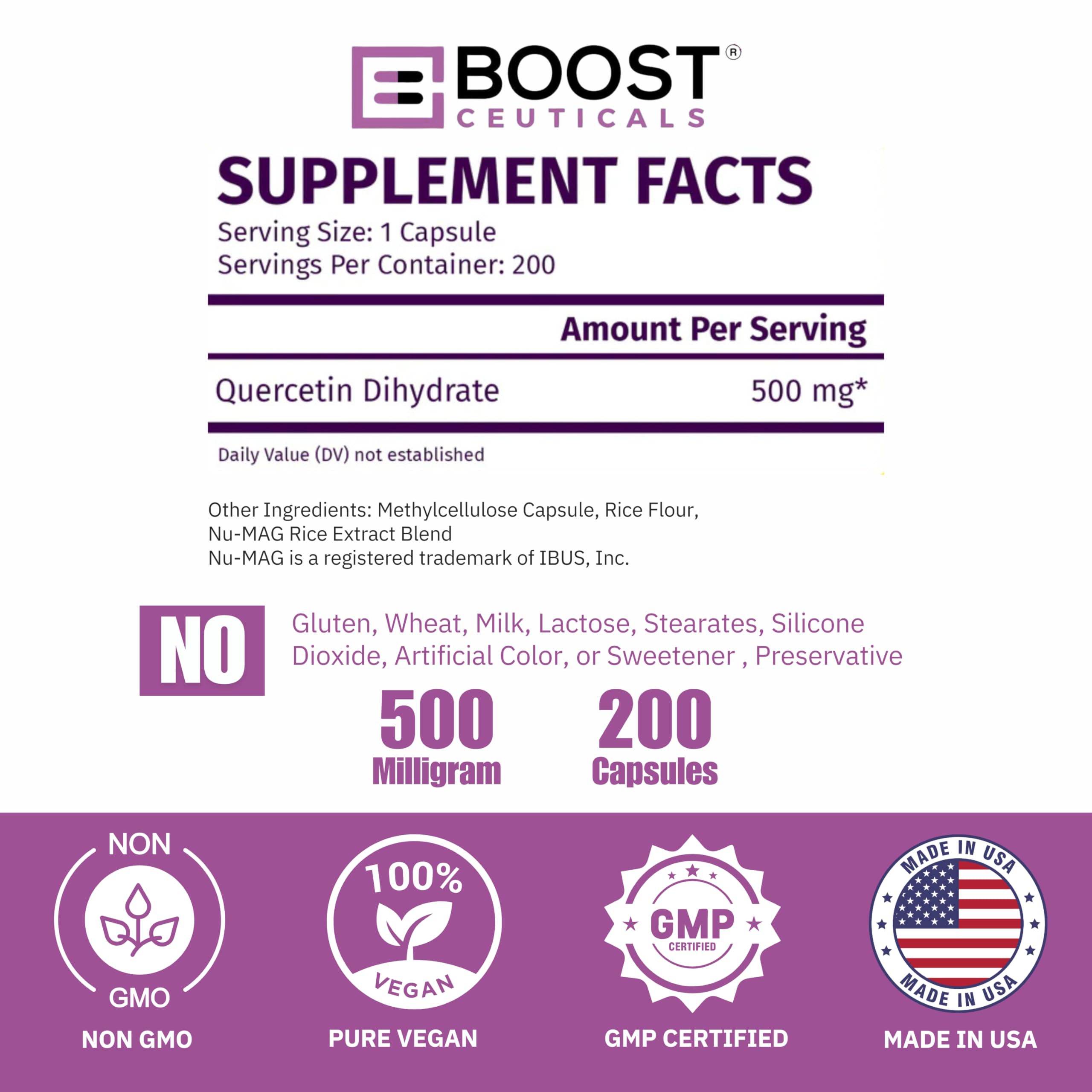 BoostCeuticals Quercetin 200 500mg Vegan Capsules – Gluten Free, Non-GMO