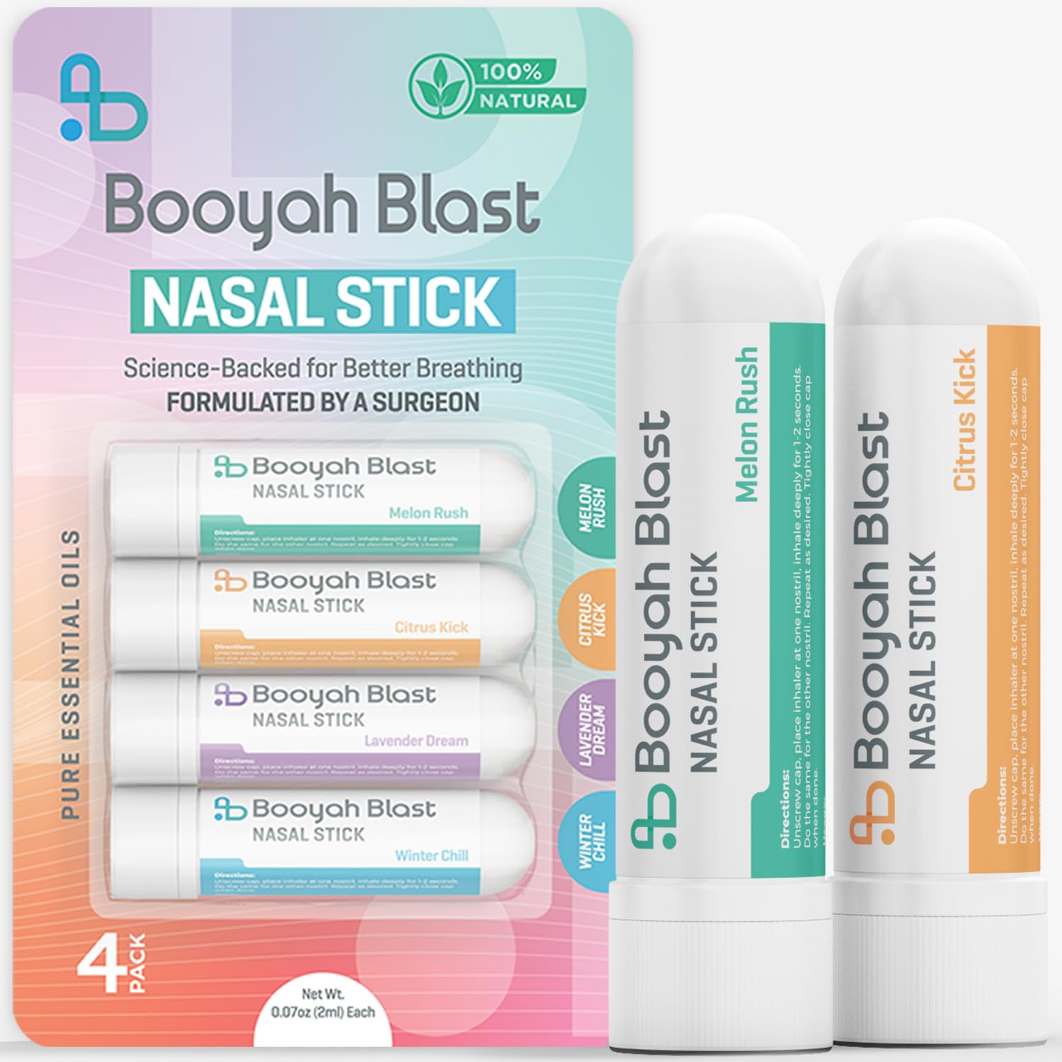 BOOYAH BLAST Nasal Sticks 4-Pack: Winter Chill, Melon Rush, Citrus Kick, Lavender Dream