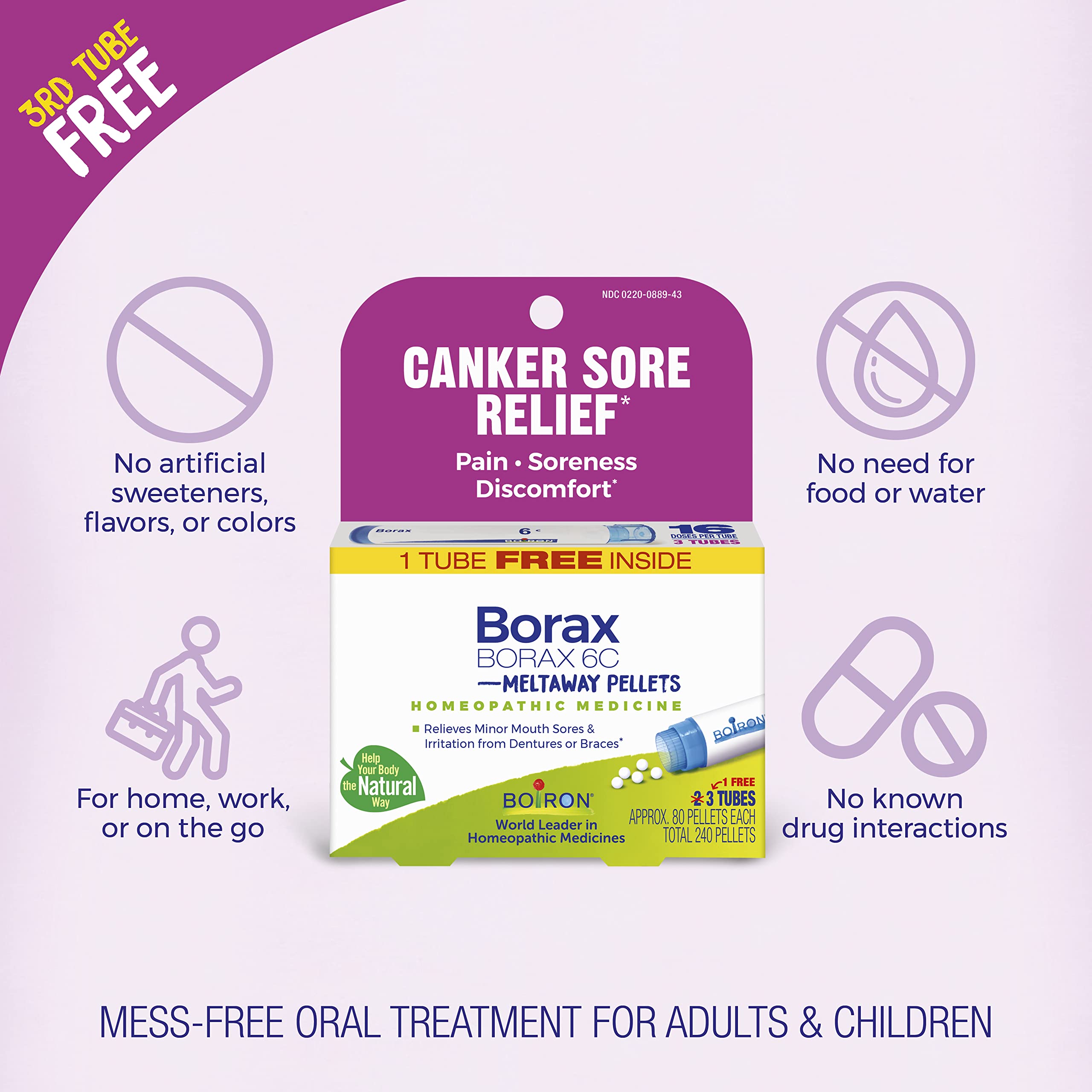 Boiron Borax 6C Homeopathic Medicine for Canker Sores – 3 Count (240 Pellets)