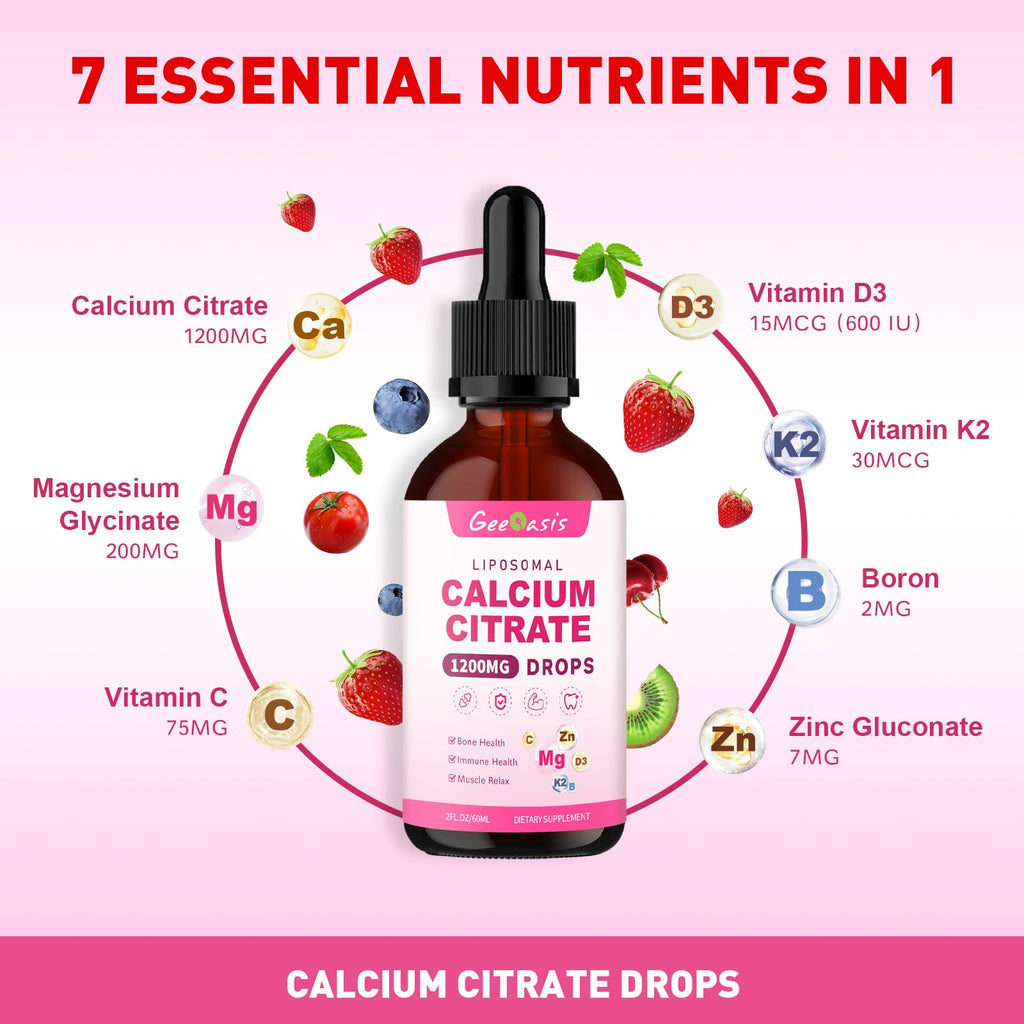 Liposomal Liquid Calcium Citrate Drops 1200mg – Bone Health & Immune Support, 2 oz