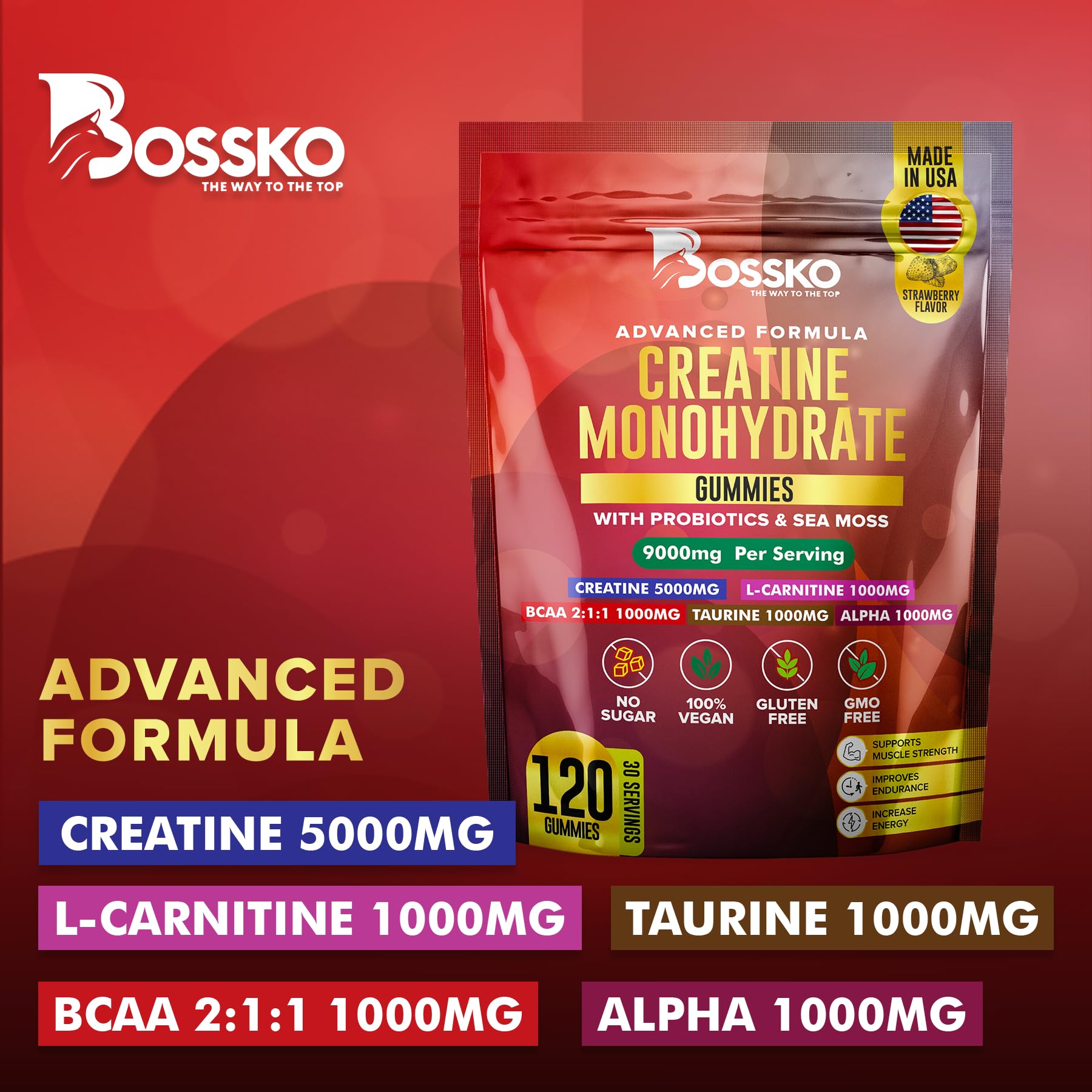 BOSSKO Creatine Monohydrate Gummies 9g – 120 Count, Vegan & Non-GMO